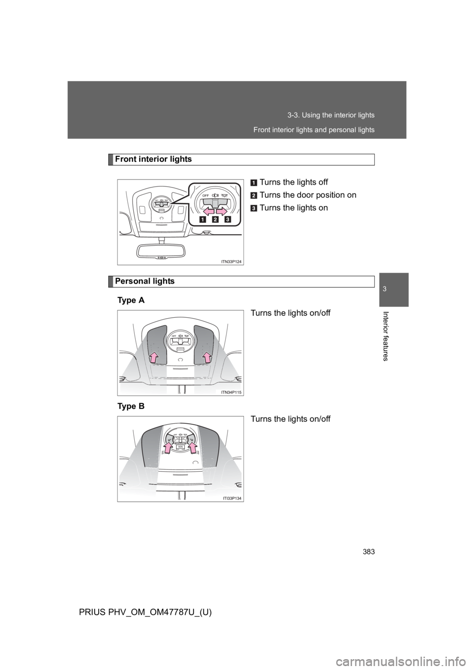TOYOTA PRIUS PLUG-IN 2013  Owners Manual 383
3-3. Using the interior lights
PRIUS PHV_OM_OM47787U_(U)
3
Interior features
Front interior lights
Turns the lights off
Turns the door position on
Turns the lights on
Personal lights
Ty p e   A
Tu
