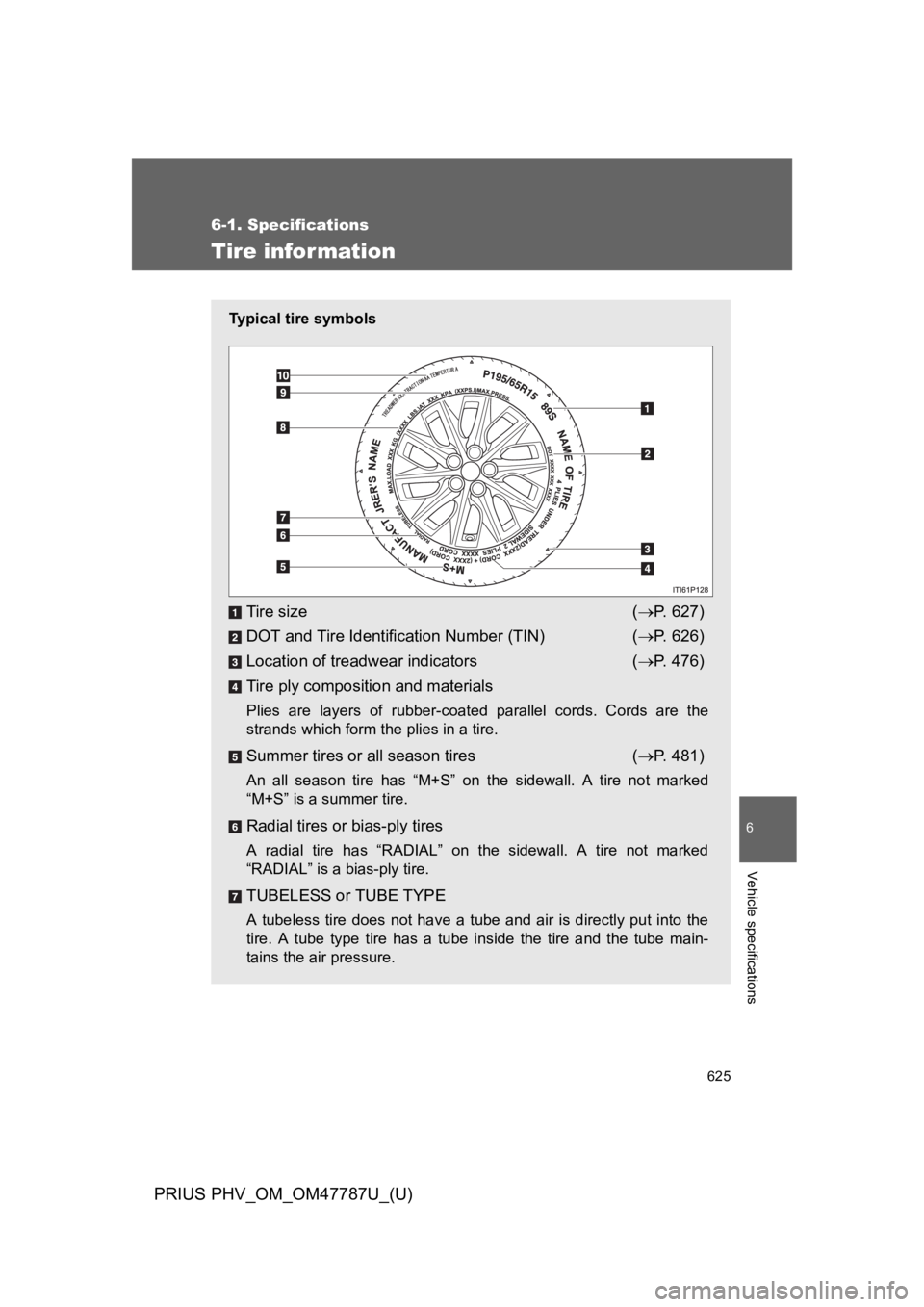 TOYOTA PRIUS PLUG-IN 2013  Owners Manual 625
6-1. Specifications
6
Vehicle specifications
PRIUS PHV_OM_OM47787U_(U)
Tire information
Ty p i c a l   t i r e   s y m b o l s
Tire size (→P.   6 2 7 )
DOT and Tire Identification Number (TIN) (
