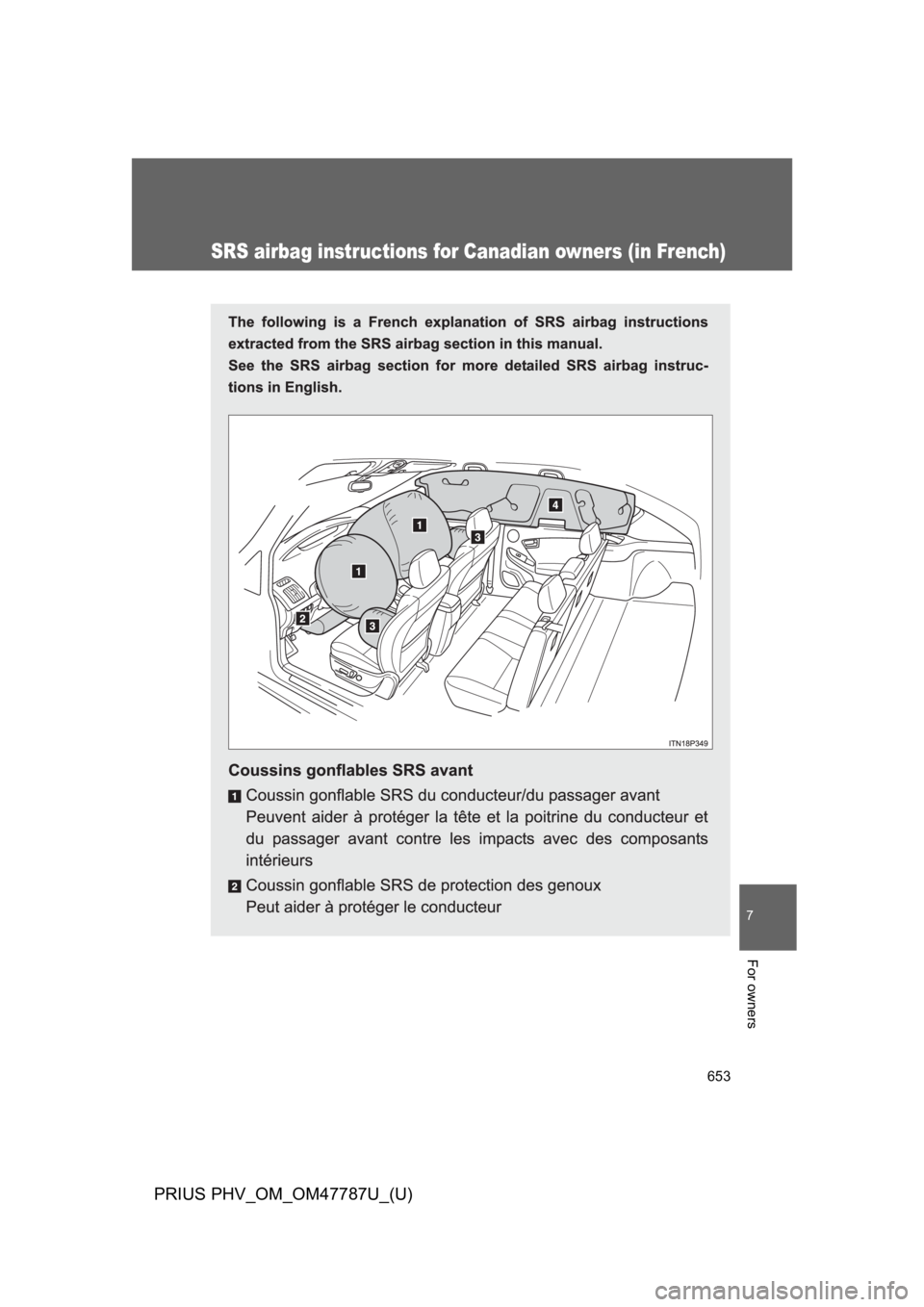 TOYOTA PRIUS PLUG-IN 2013  Owners Manual 653
7
For owners
PRIUS PHV_OM_OM47787U_(U)
SRS airbag instructions for Canadian owners (in French) 