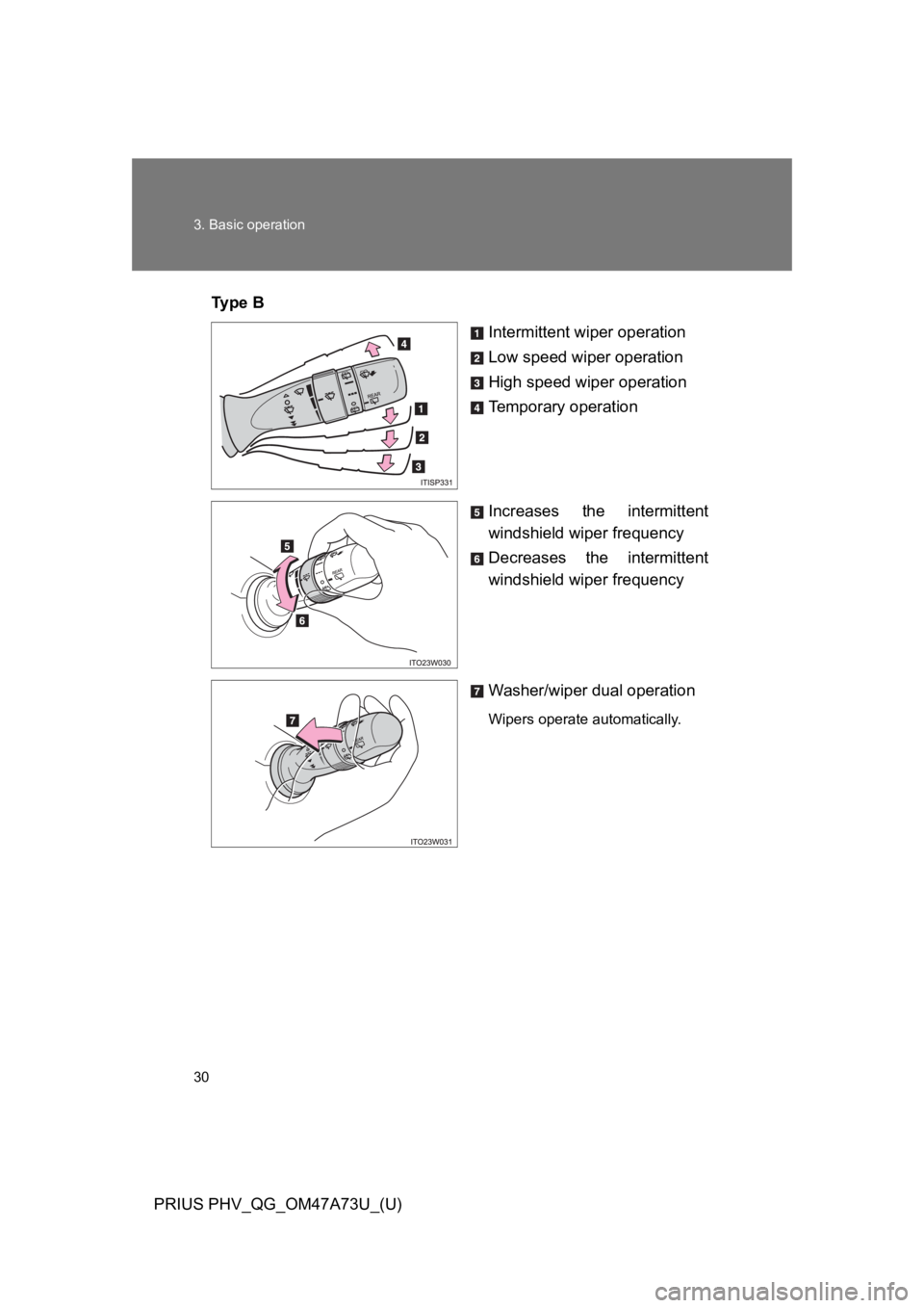 TOYOTA PRIUS PLUG-IN 2015  Owners Manual 30
3. Basic operation
PRIUS PHV_QG_OM47A73U_(U)
Ty p e   B
Intermittent wiper operation
Low speed wiper operation
High speed wiper operation
Te m p o r a r y   o p e r a t i o n
Increases  the  interm