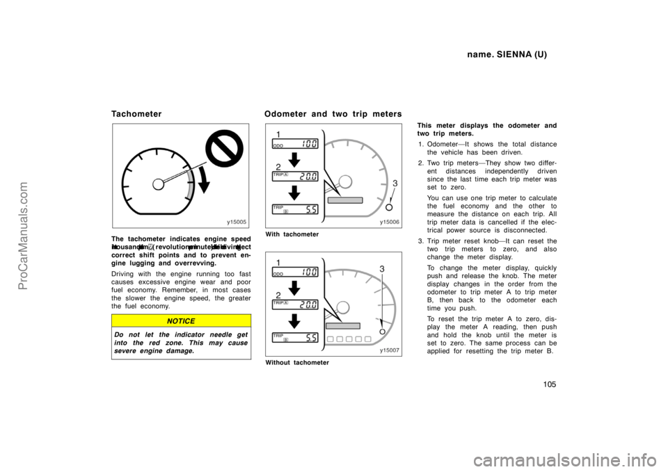 TOYOTA SIENNA 1998 Owners Manual name. SIENNA (U)
105
Tachometer
The tachometer indicates engine speed
in t housands of r pm
( revolutions per minute). Use i t while driving t o s elect
correct shift points and to prevent e TOYOTA SIENNA 1998 Owners Manual name. SIENNA (U)
105
Tachometer
The tachometer indicates engine speed
in t housands of r pm
( revolutions per minute). Use i t while driving t o s elect
correct shift points and to prevent e