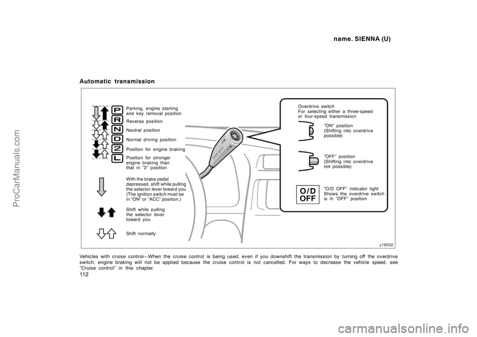 TOYOTA SIENNA 1998 Owners Manual name. SIENNA (U)
11 2
Automatic transmission
Shift normally Parking, engine starting
and key removal position
Reverse position
Neutral position
Position for engine braking Normal driving position
Pos TOYOTA SIENNA 1998 Owners Manual name. SIENNA (U)
11 2
Automatic transmission
Shift normally Parking, engine starting
and key removal position
Reverse position
Neutral position
Position for engine braking Normal driving position
Pos