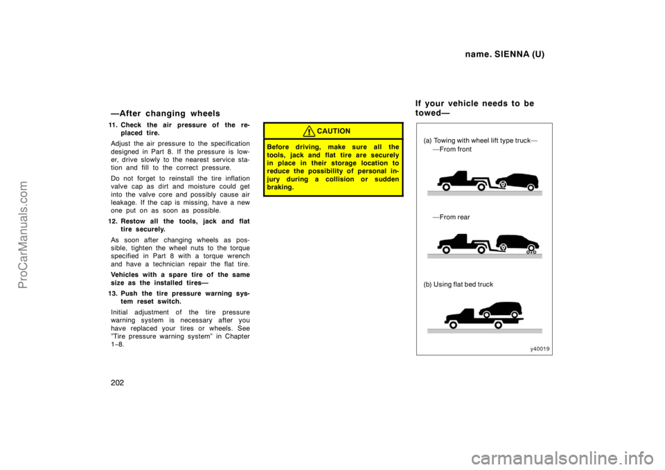 TOYOTA SIENNA 1998 Owners Manual name. SIENNA (U)
202
—After changing wheels
11. Check the air pressure of the re-
placed tire.
Adjust the air pressure to the specification
designed in Part 8. If the pressure is low-
er, drive slow TOYOTA SIENNA 1998 Owners Manual name. SIENNA (U)
202
—After changing wheels
11. Check the air pressure of the re-
placed tire.
Adjust the air pressure to the specification
designed in Part 8. If the pressure is low-
er, drive slow