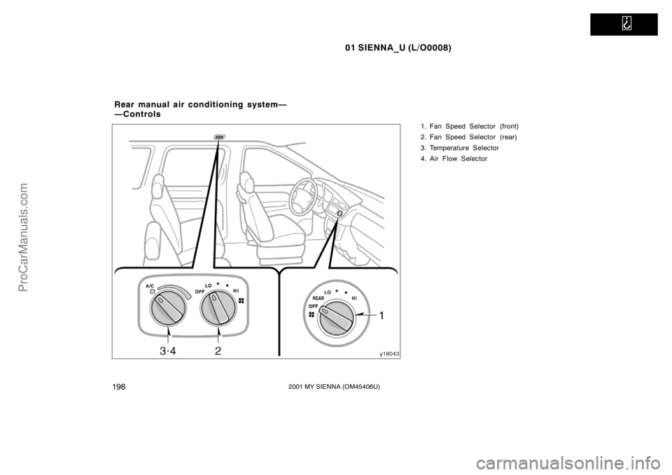 TOYOTA SIENNA 2001  Owners Manual   
01 SIENNA_U (L/O0008)
1982001 MY SIENNA (OM45406U)
1. Fan Speed Selector (front)
2. Fan Speed Selector (rear)
3. Temperature Selector
4. Air Flow Selector
Rear manual air conditioning system—
—