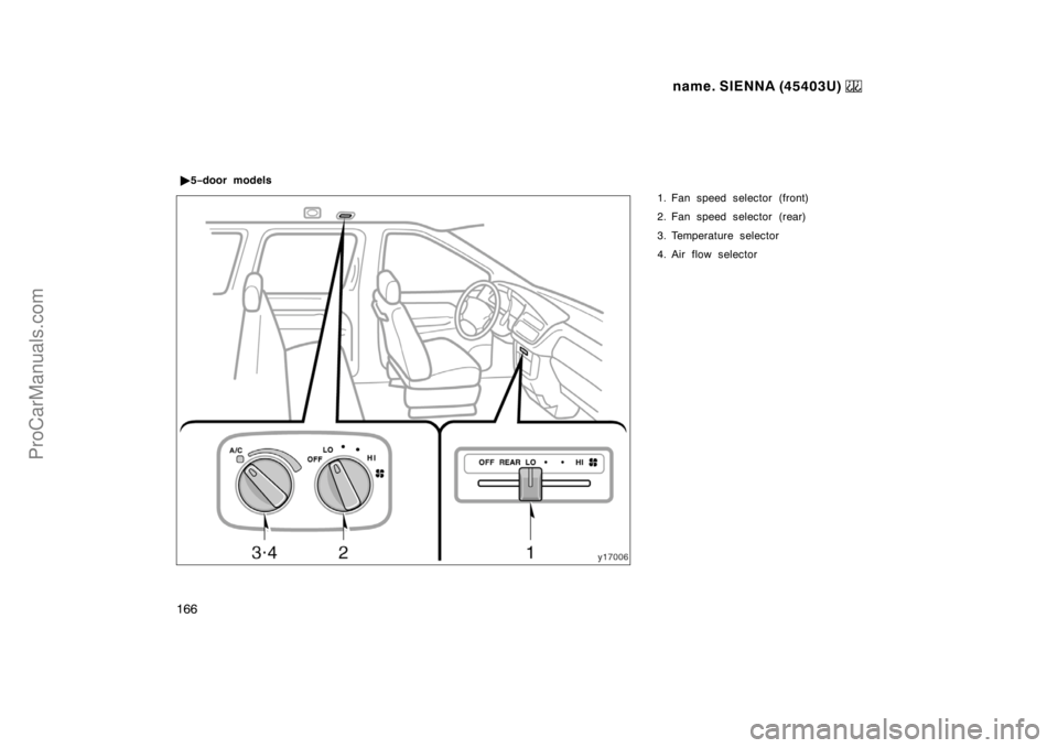 TOYOTA SIENNA 1999  Owners Manual name. SIENNA (45403U) 
166
1. Fan speed selector (front)
2. Fan speed selector (rear)
3. Temperature selector
4. Air flow selector 5−door models
ProCarManuals.com 