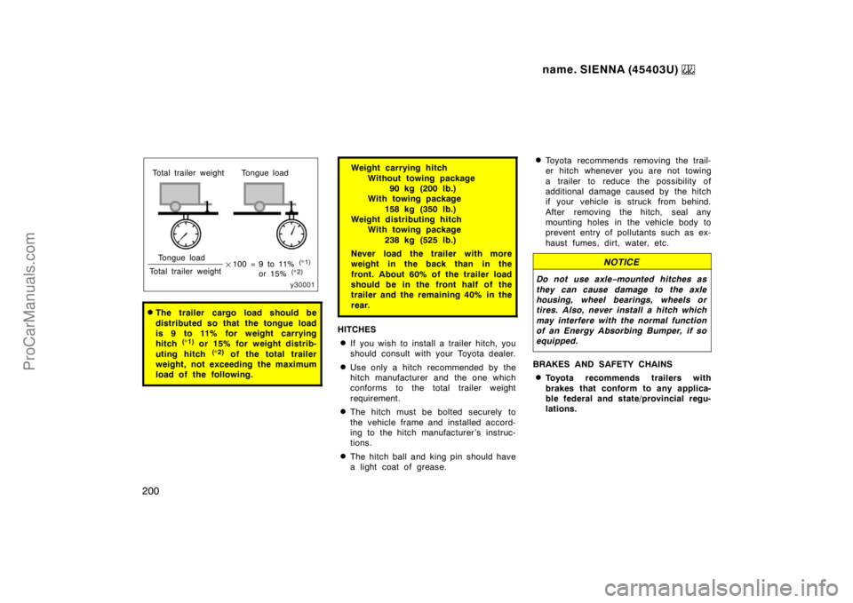TOYOTA SIENNA 1999 Owners Manual name. SIENNA (45403U)
200
Total trailer weight Tongue load
Tongue load
Total trailer weight9 to 11%
(∗
1)
or 15% (∗
2)100 =
The trailer cargo load should be
distributed so that the tongue loa TOYOTA SIENNA 1999 Owners Manual name. SIENNA (45403U)
200
Total trailer weight Tongue load
Tongue load
Total trailer weight9 to 11%
(∗
1)
or 15% (∗
2)100 =
The trailer cargo load should be
distributed so that the tongue loa
