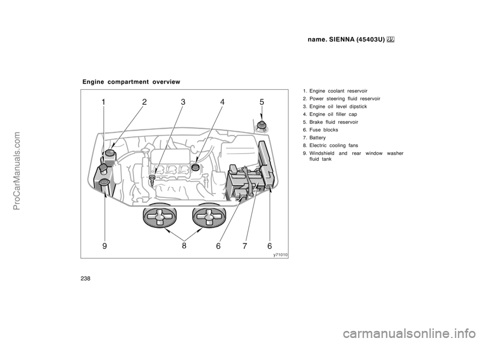 TOYOTA SIENNA 1999  Owners Manual name. SIENNA (45403U) 
238
1. Engine coolant reservoir
2. Power steering fluid reservoir
3. Engine oil level dipstick
4. Engine oil filler  cap
5. Brake fluid reservoir
6. Fuse blocks
7. Battery
8. El