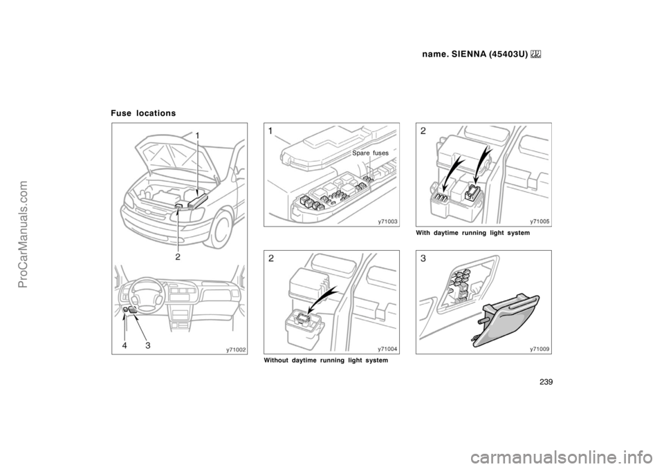 TOYOTA SIENNA 1999  Owners Manual name. SIENNA (45403U) 
239
Fuse locations
Spare fuses
Without daytime running light system
With daytime running light system
ProCarManuals.com 