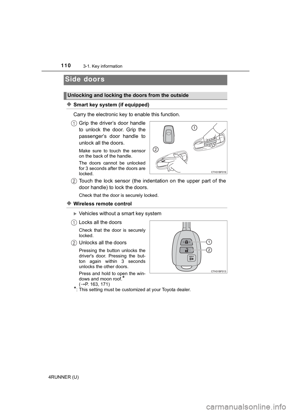 TOYOTA 4RUNNER 2022  Owners Manual 1103-1. Key information
4RUNNER (U)
◆Smart key system (if equipped)
Carry the electronic key to enable this function.
Grip  the  driver’s  door  handle
to  unlock  the  door.  Grip  the
passenger