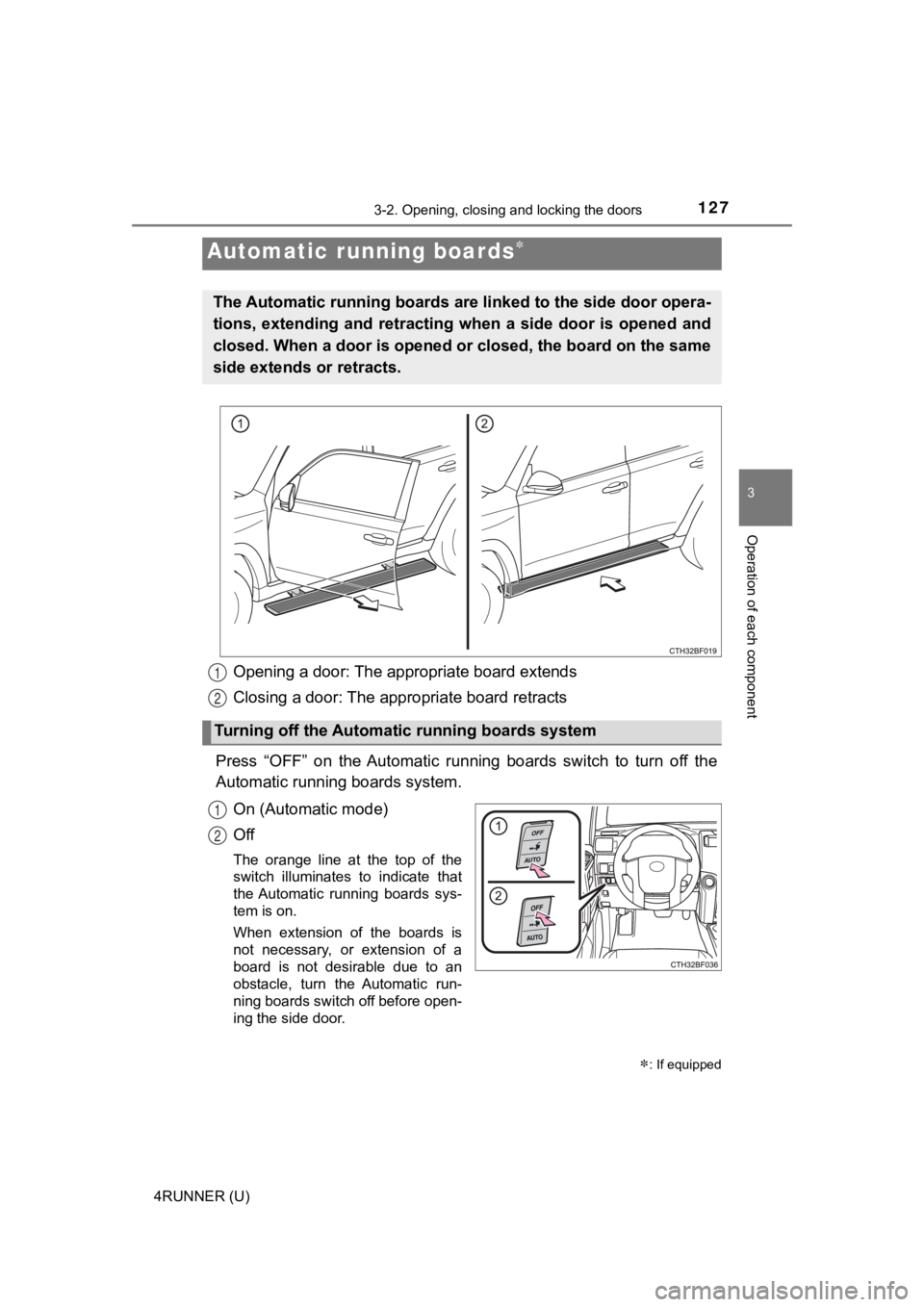 TOYOTA 4RUNNER 2022  Owners Manual 1273-2. Opening, closing and locking the doors
3
Operation of each component
4RUNNER (U)
Opening a door: The appropriate board extends 
Closing a door: The appropriate board retracts 
Press  “OFF”