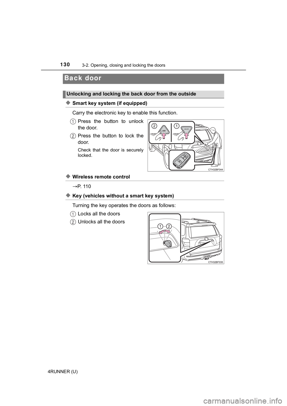 TOYOTA 4RUNNER 2022  Owners Manual 1303-2. Opening, closing and locking the doors
4RUNNER (U)
◆Smart key system (if equipped)
Carry the electronic key to enable this function.
Press  the  button  to  unlock
the door.
Press  the  butt