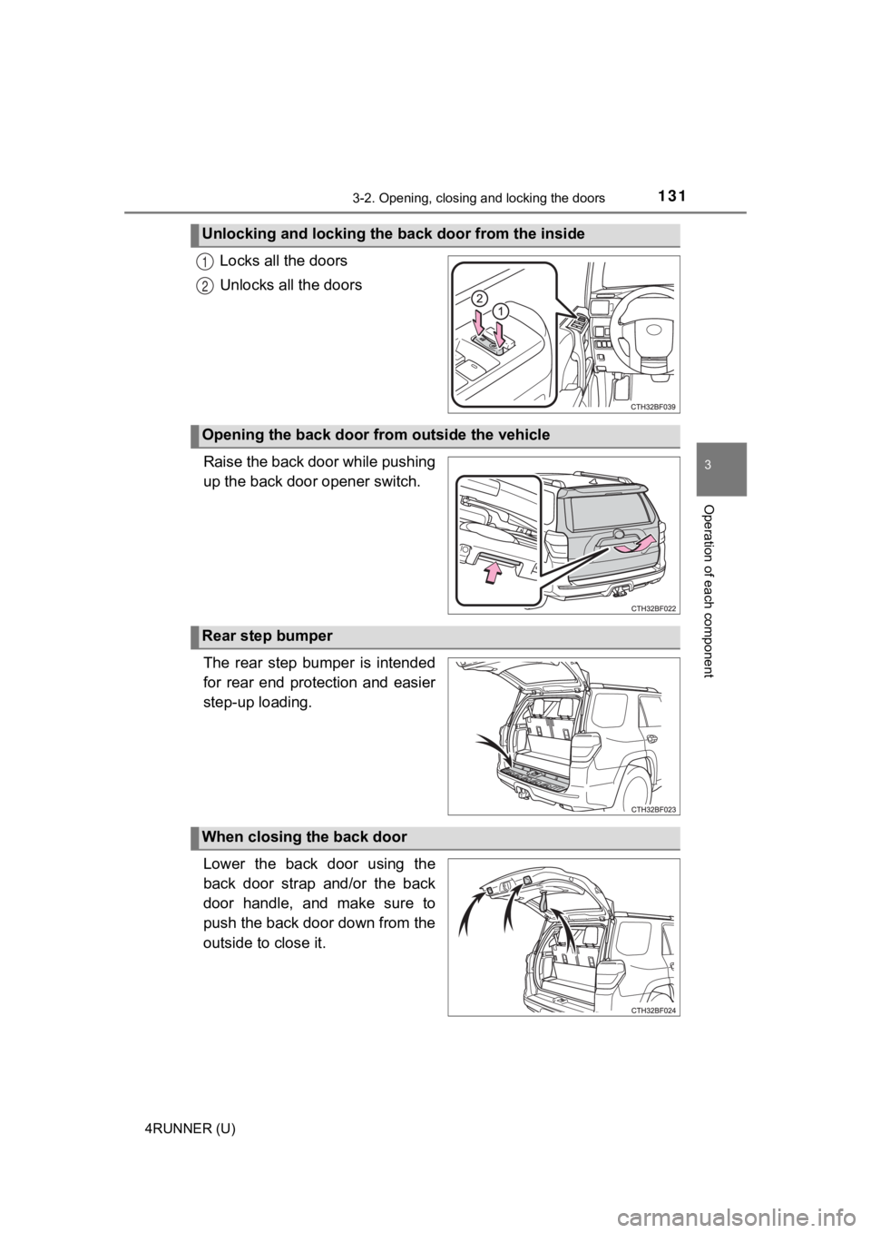 TOYOTA 4RUNNER 2022  Owners Manual 1313-2. Opening, closing and locking the doors
3
Operation of each component
4RUNNER (U)
Locks all the doors
Unlocks all the doors
Raise the back door while pushing
up the back door opener switch.
The