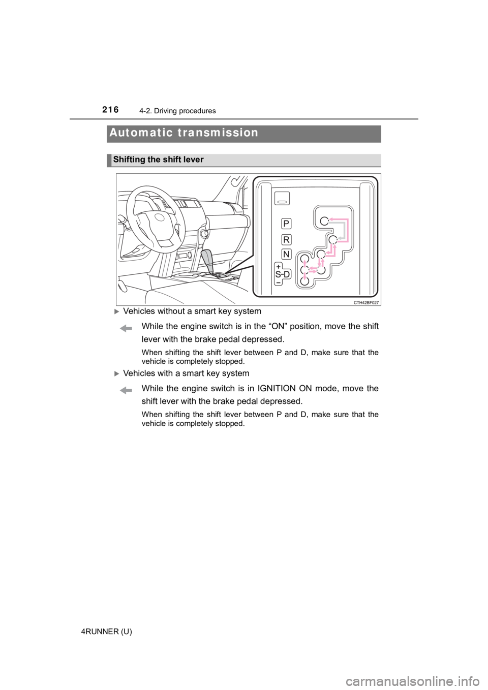 TOYOTA 4RUNNER 2022  Owners Manual 2164-2. Driving procedures
4RUNNER (U)
Vehicles without a smart key systemWhile the engine switch is in the  “ON” position, move the shift
lever with the brake pedal depressed.
When  shifting  
