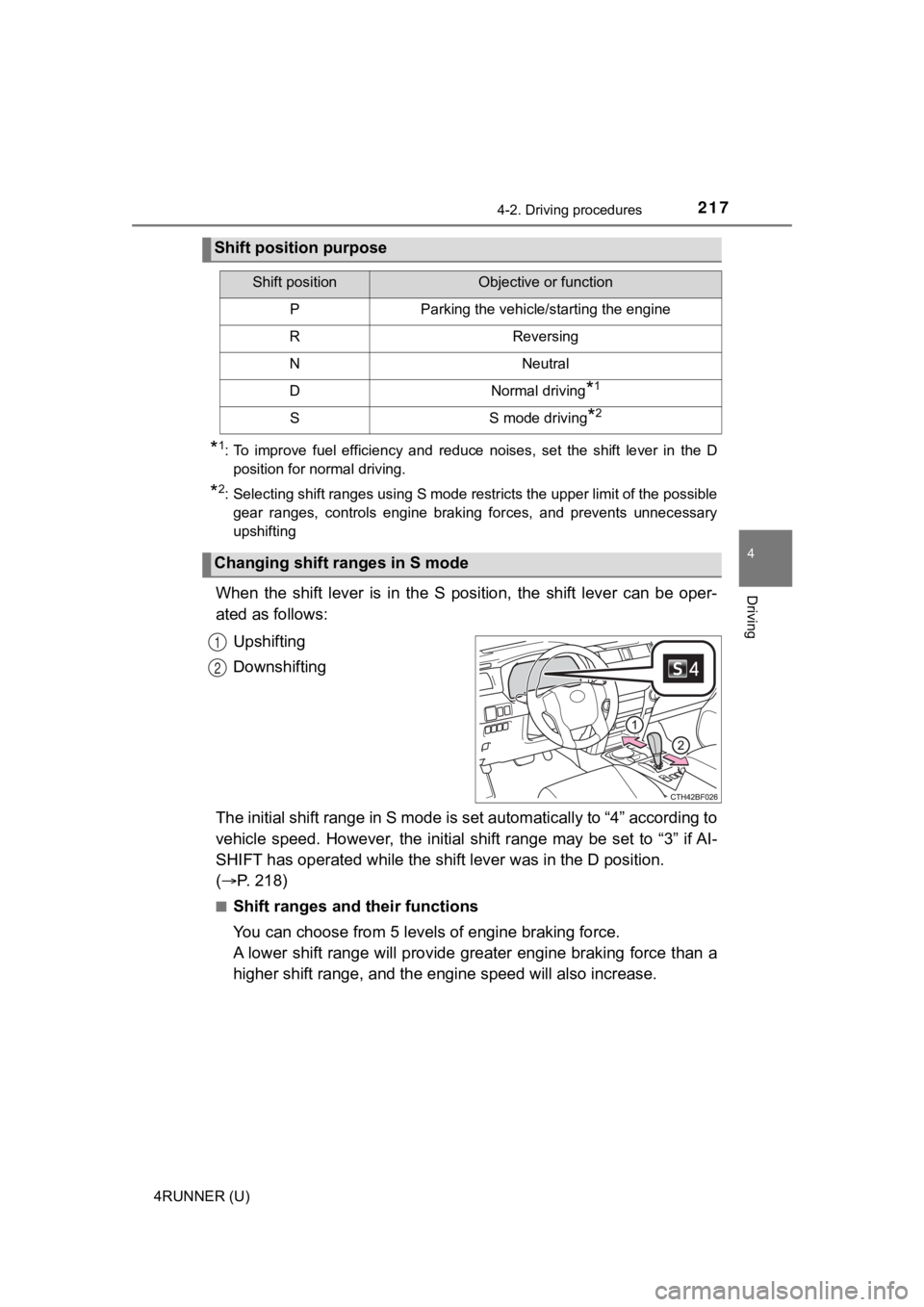 TOYOTA 4RUNNER 2022  Owners Manual 2174-2. Driving procedures
4
Driving
4RUNNER (U)
*1: To  improve  fuel  efficiency  and  reduce  noises,  set  the  shift  lever  in  the  D
position for normal driving.
*2: Selecting shift ranges usi