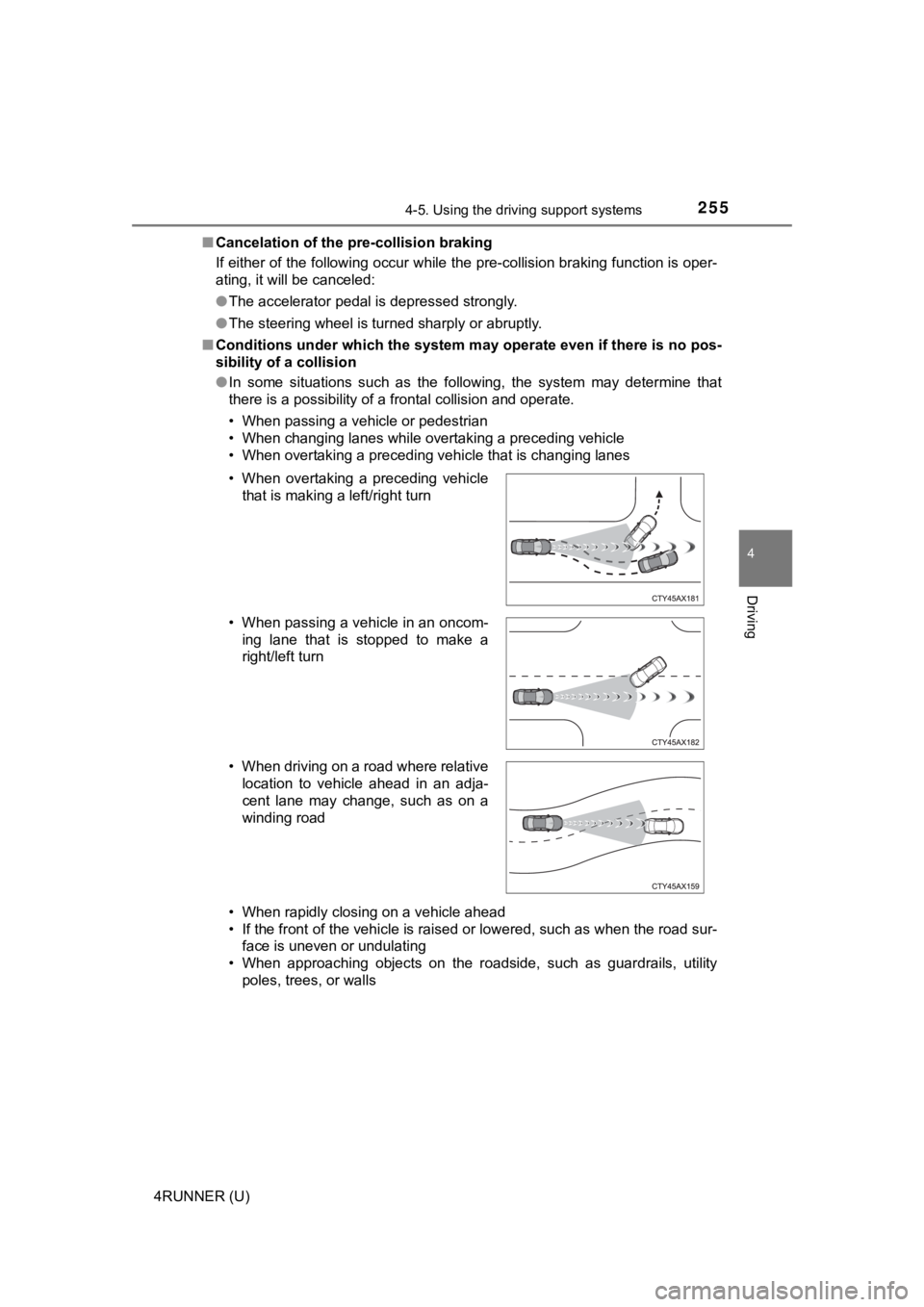TOYOTA 4RUNNER 2022 Owners Manual 2554-5. Using the driving support systems
4
Driving
4RUNNER (U)■
Cancelation of the pre-collision braking
If either of the following occur while the pre-collision brakin g function is oper-
ating, i TOYOTA 4RUNNER 2022 Owners Manual 2554-5. Using the driving support systems
4
Driving
4RUNNER (U)■
Cancelation of the pre-collision braking
If either of the following occur while the pre-collision brakin g function is oper-
ating, i