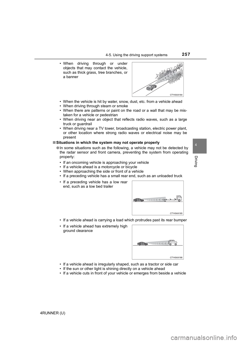 TOYOTA 4RUNNER 2022  Owners Manual 2574-5. Using the driving support systems
4
Driving
4RUNNER (U)• When the vehicle is hit by water, snow, dust, etc. from a vehicle ahead
• When driving through steam or smoke
• When  there  are 