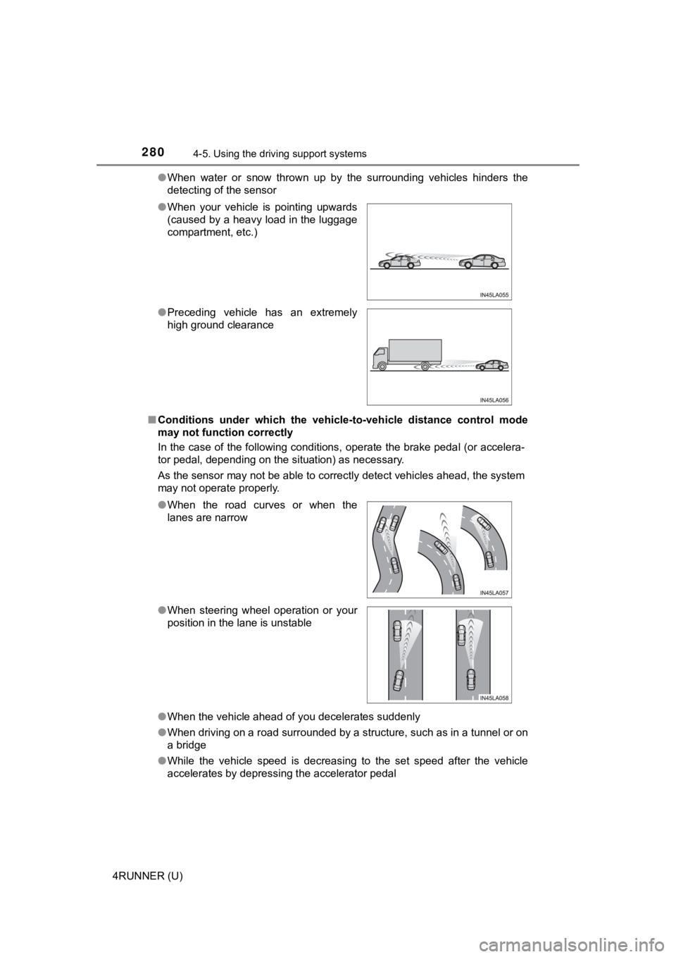 TOYOTA 4RUNNER 2022 Owners Manual 2804-5. Using the driving support systems
4RUNNER (U)●
When water or snow thrown up by the surrounding vehicles hinders the
detecting of the sensor
■ Conditions under which the vehi TOYOTA 4RUNNER 2022 Owners Manual 2804-5. Using the driving support systems
4RUNNER (U)●
When water or snow thrown up by the surrounding vehicles hinders the
detecting of the sensor
■ Conditions under which the vehi