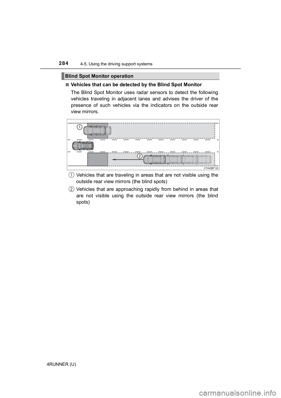 TOYOTA 4RUNNER 2022  Owners Manual 2844-5. Using the driving support systems
4RUNNER (U)■
Vehicles that can be detected
 by the Blind Spot Monitor
The  Blind  Spot  Monitor  uses  radar  sensors  to  detect  the  followi ng
vehicles 