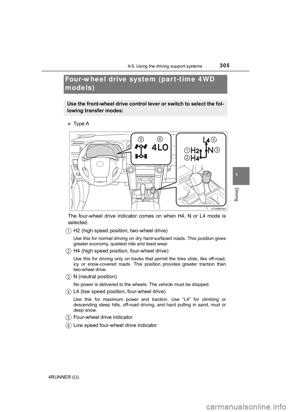 TOYOTA 4RUNNER 2022  Owners Manual 3054-5. Using the driving support systems
4
Driving
4RUNNER (U)
Ty p e  A
The  four-wheel  drive  indicator  comes  on  when  H4,  N  or  L4  mode  i s
selected.
H2 (high speed position, two-wheel 
