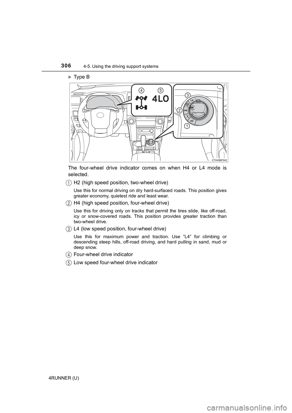 TOYOTA 4RUNNER 2022  Owners Manual 3064-5. Using the driving support systems
4RUNNER (U)
Ty p e   B
The  four-wheel  drive  indicator  comes  on  when  H4  or  L4  mode  is
selected. H2 (high speed position, two-wheel drive)
Use thi