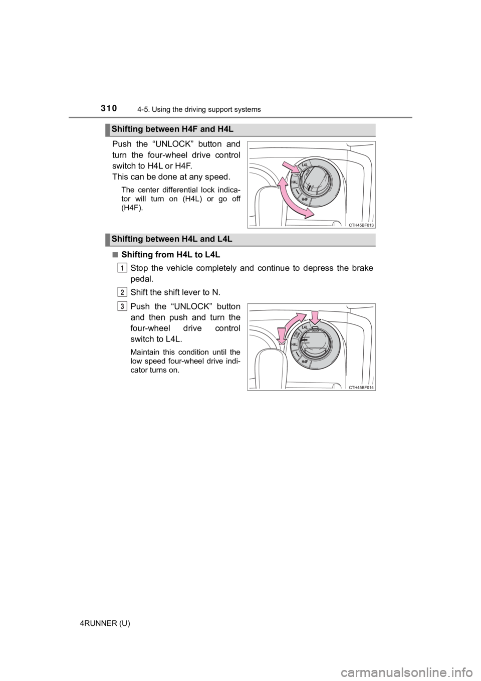 TOYOTA 4RUNNER 2022  Owners Manual 3104-5. Using the driving support systems
4RUNNER (U)
Push  the  “UNLOCK”  button  and
turn  the  four-wheel  drive  control
switch to H4L or H4F.
This can be done at any speed.
The  center  diffe