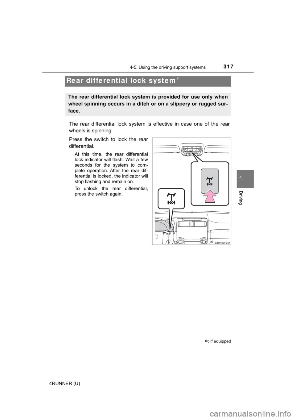 TOYOTA 4RUNNER 2022  Owners Manual 3174-5. Using the driving support systems
4
Driving
4RUNNER (U)
The rear differential lock system is effective in case one of the  rear
wheels is spinning.
Press  the  switch  to  lock  the  rear
diff