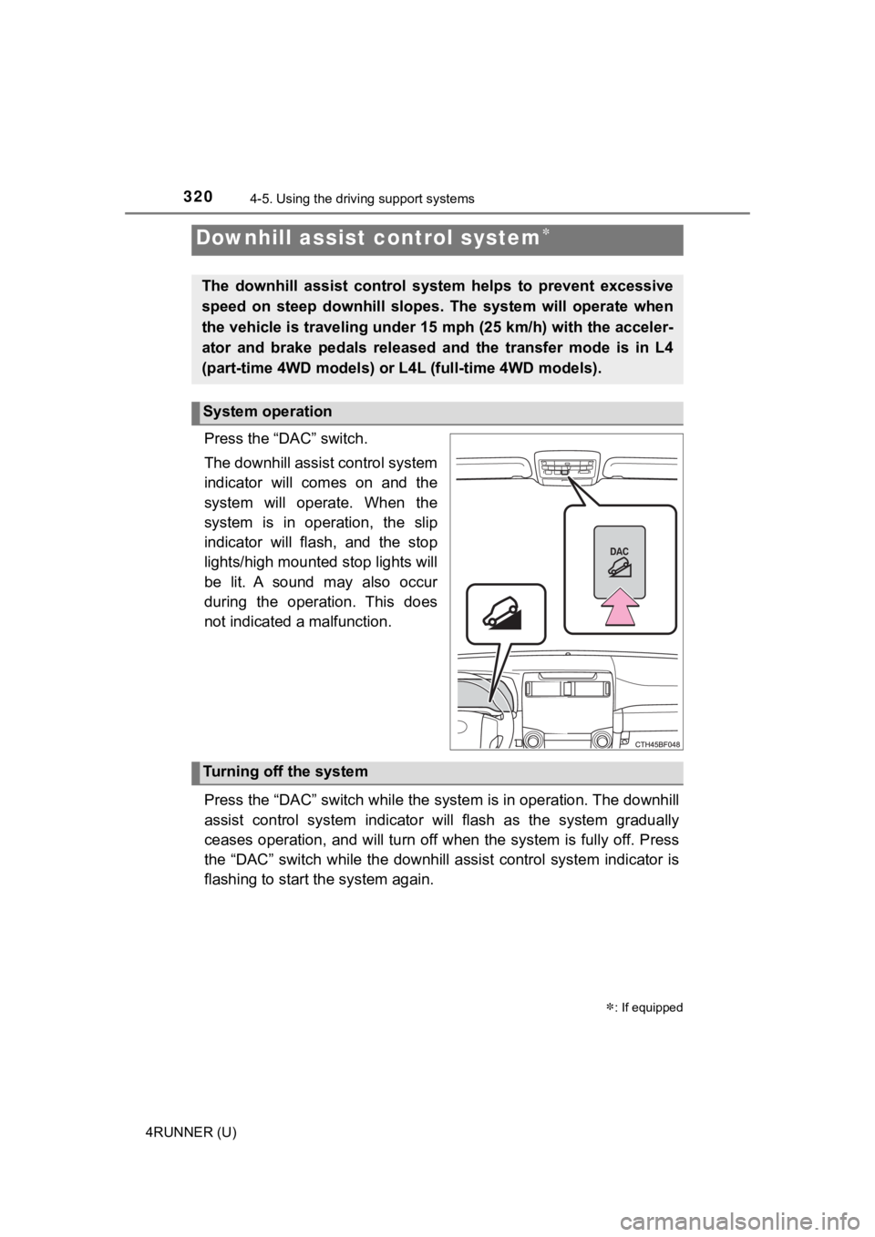 TOYOTA 4RUNNER 2022 Owners Manual 3204-5. Using the driving support systems
4RUNNER (U)
Press the “DAC” switch.
The downhill assist control system
indicator will comes on and the
system will operate. When the
system is TOYOTA 4RUNNER 2022 Owners Manual 3204-5. Using the driving support systems
4RUNNER (U)
Press the “DAC” switch.
The downhill assist control system
indicator will comes on and the
system will operate. When the
system is