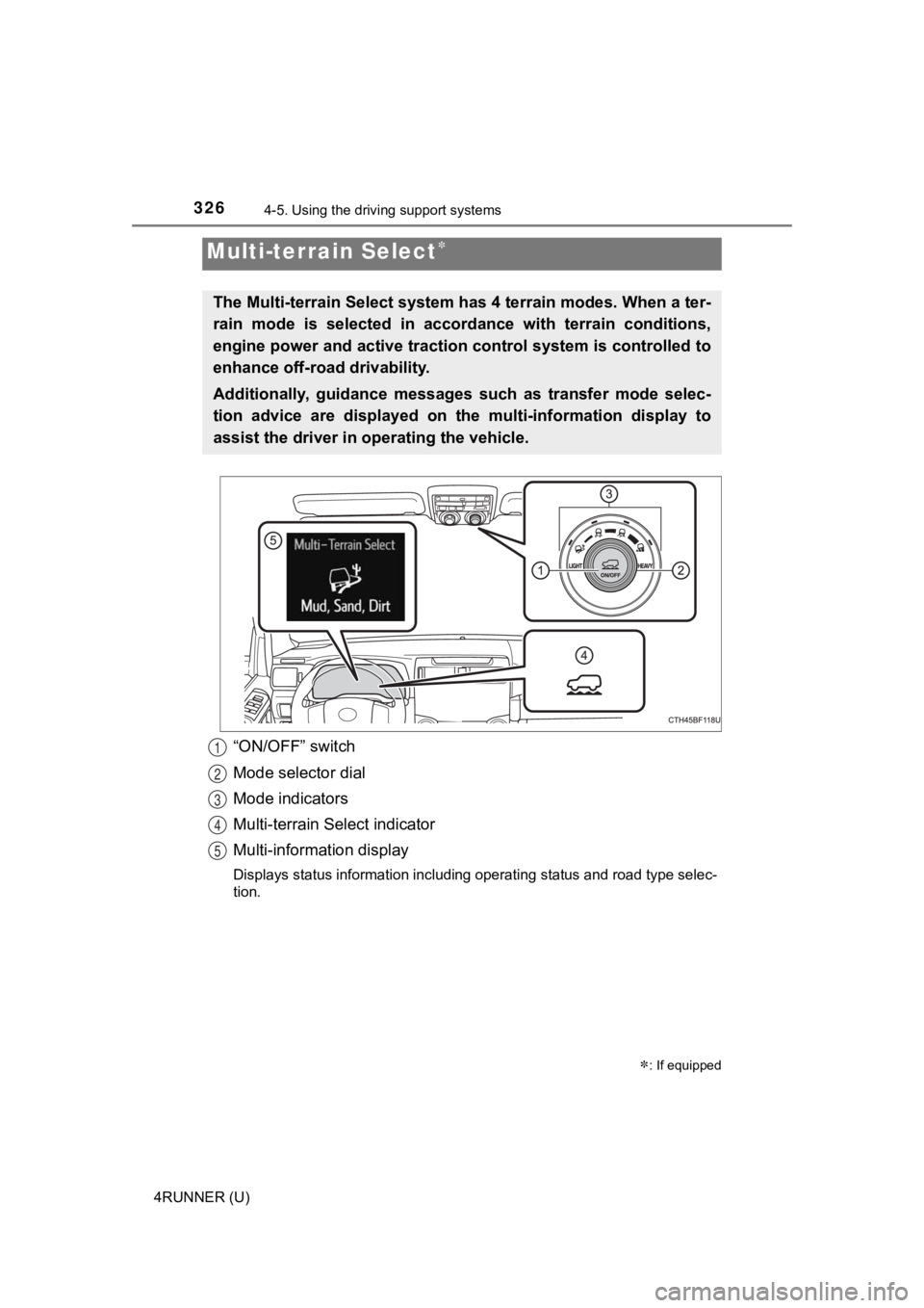 TOYOTA 4RUNNER 2022  Owners Manual 3264-5. Using the driving support systems
4RUNNER (U)
“ON/OFF” switch
Mode selector dial
Mode indicators
Multi-terrain Select indicator
Multi-information display
Displays status information includ