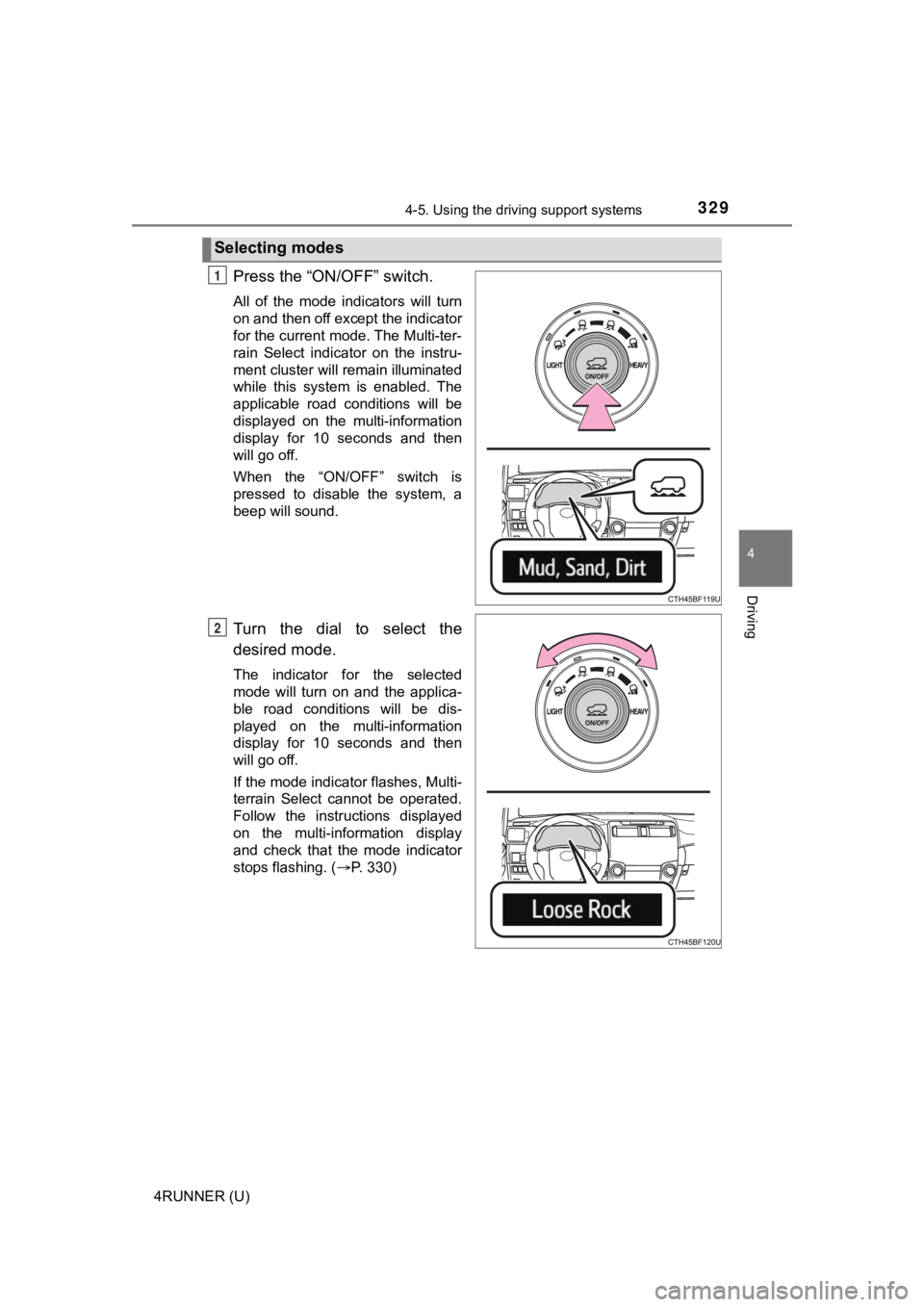 TOYOTA 4RUNNER 2022  Owners Manual 3294-5. Using the driving support systems
4
Driving
4RUNNER (U)
Press the “ON/OFF” switch.
All  of  the  mode  indicators  will  turn
on and then off except the indicator
for the current mode. The