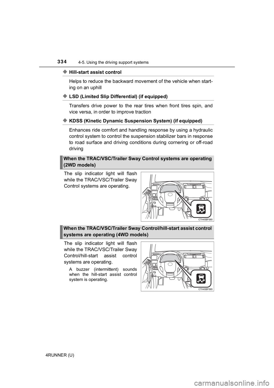 TOYOTA 4RUNNER 2022 Owners Manual 3344-5. Using the driving support systems
4RUNNER (U)
◆Hill-start assist control
Helps to reduce the backward movement of the vehicle when start -
ing on an uphill
◆LSD (Limited Slip Diff erential TOYOTA 4RUNNER 2022 Owners Manual 3344-5. Using the driving support systems
4RUNNER (U)
◆Hill-start assist control
Helps to reduce the backward movement of the vehicle when start -
ing on an uphill
◆LSD (Limited Slip Diff erential