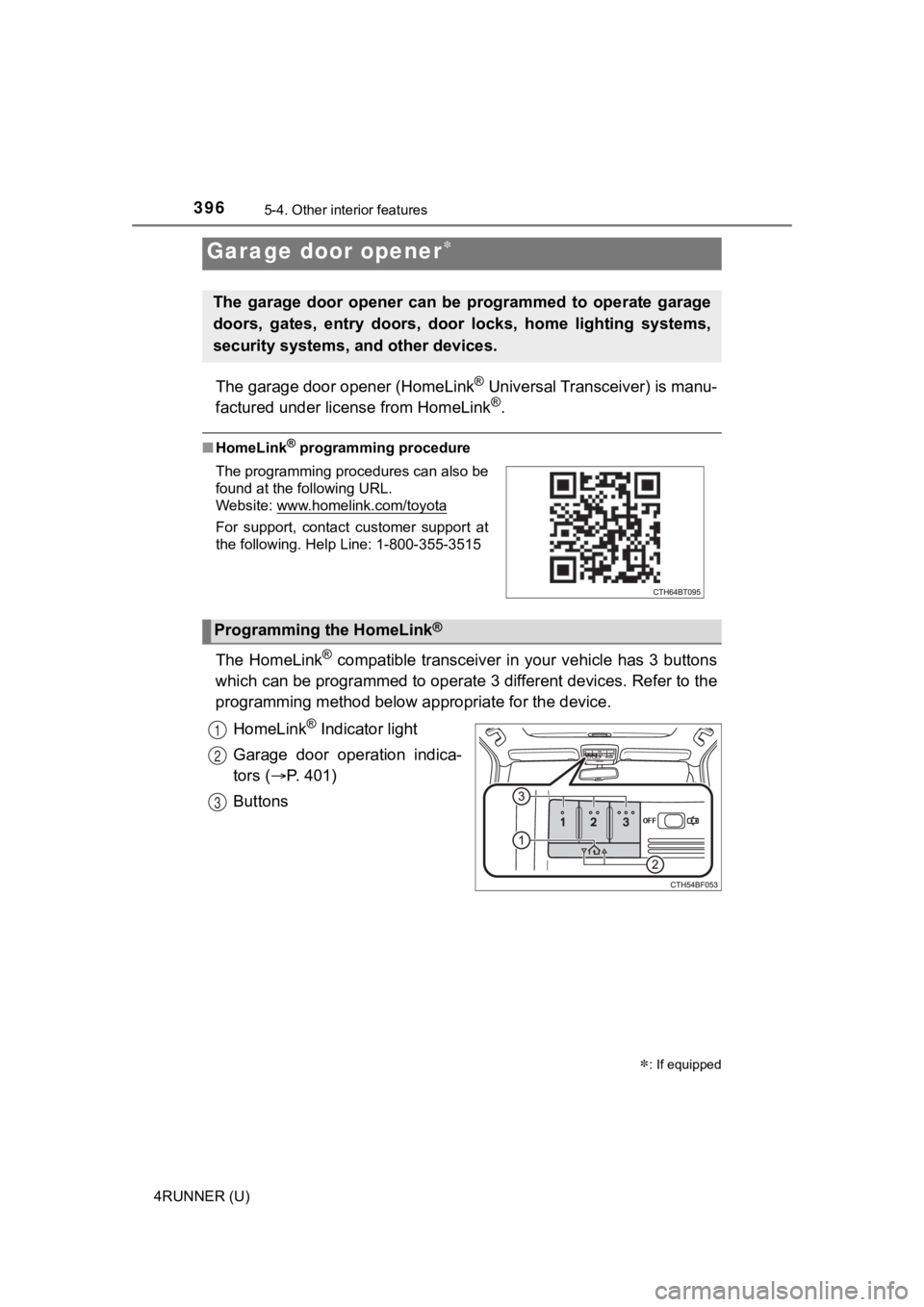 TOYOTA 4RUNNER 2022  Owners Manual 3965-4. Other interior features
4RUNNER (U)
The garage door opener (HomeLink® Universal Transceiver) is manu-
factured under license from HomeLink®.
■ HomeLink® programming procedure
The HomeLink