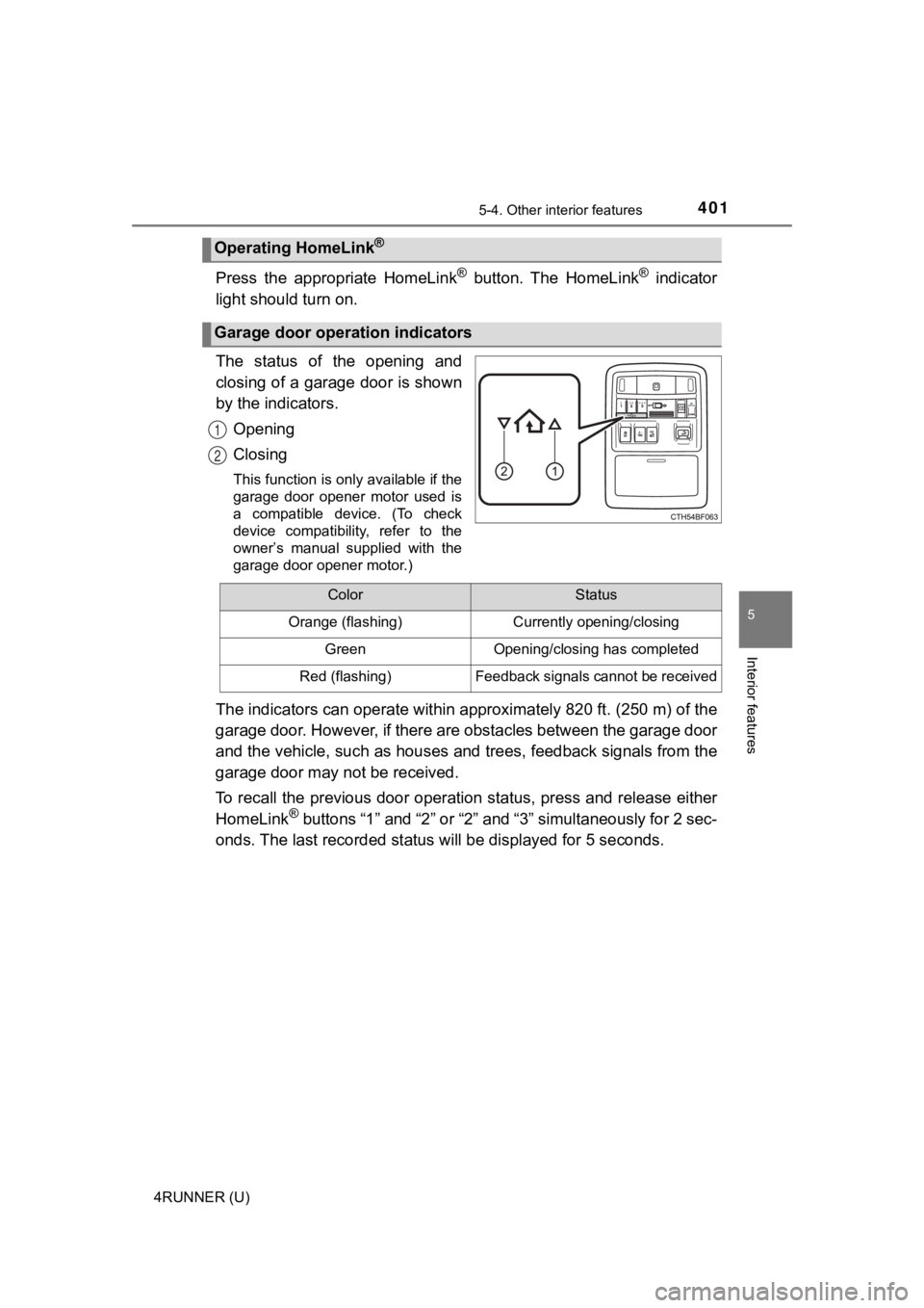 TOYOTA 4RUNNER 2022 Owners Manual 4015-4. Other interior features
5
Interior features
4RUNNER (U)
Press the appropriate HomeLink® button. The HomeLink® indicator
light should turn on.
The status of the opening and
closin TOYOTA 4RUNNER 2022 Owners Manual 4015-4. Other interior features
5
Interior features
4RUNNER (U)
Press the appropriate HomeLink® button. The HomeLink® indicator
light should turn on.
The status of the opening and
closin
