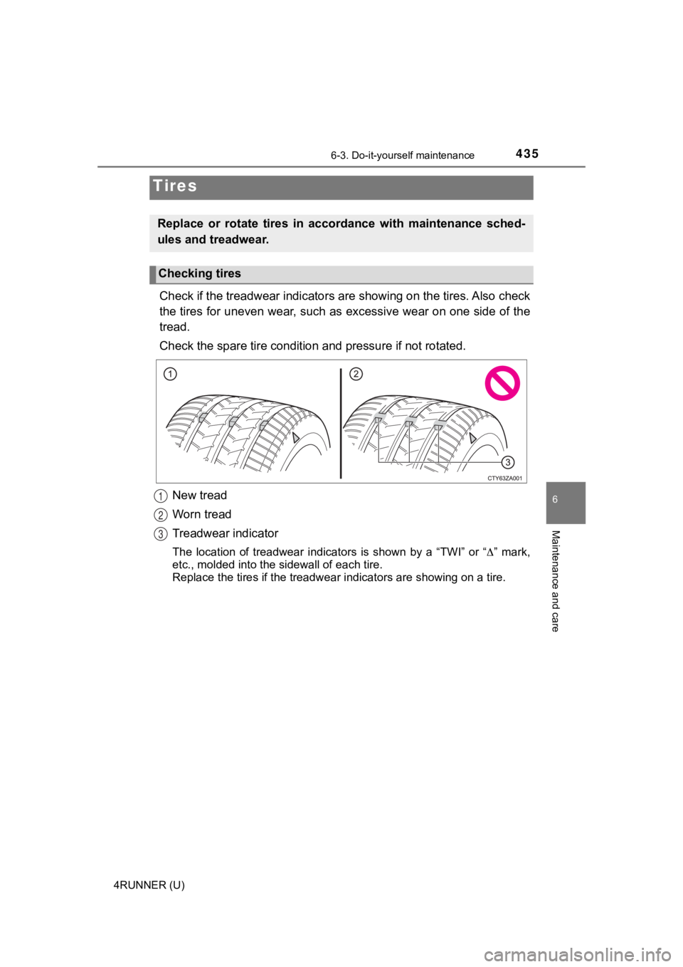 TOYOTA 4RUNNER 2022  Owners Manual 4356-3. Do-it-yourself maintenance
6
Maintenance and care
4RUNNER (U)
Check if the treadwear indicators are showing on the tires. Also check
the tires for uneven wear, such as excessive wear on one si
