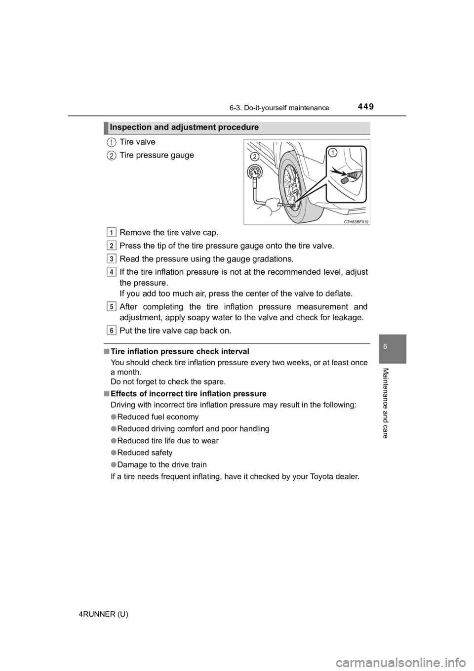 TOYOTA 4RUNNER 2022 Owners Manual 4496-3. Do-it-yourself maintenance
6
Maintenance and care
4RUNNER (U)
Tire valve
Tire pressure gauge
Remove the tire valve cap.
Press the tip of the tire pressure gauge onto the tire valve.
Read the p TOYOTA 4RUNNER 2022 Owners Manual 4496-3. Do-it-yourself maintenance
6
Maintenance and care
4RUNNER (U)
Tire valve
Tire pressure gauge
Remove the tire valve cap.
Press the tip of the tire pressure gauge onto the tire valve.
Read the p