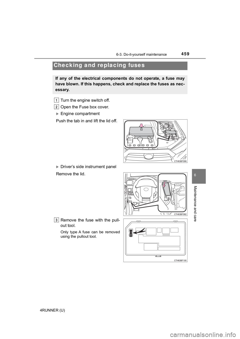 TOYOTA 4RUNNER 2022  Owners Manual 4596-3. Do-it-yourself maintenance
6
Maintenance and care
4RUNNER (U)
Turn the engine switch off.
Open the Fuse box cover. 
Engine compartment
Push the tab in and lift the lid off.
Driver’s si