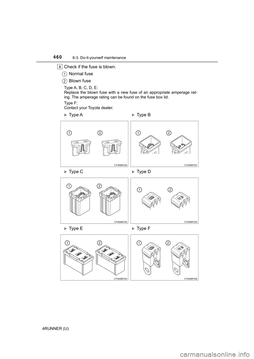 TOYOTA 4RUNNER 2022  Owners Manual 4606-3. Do-it-yourself maintenance
4RUNNER (U)
Check if the fuse is blown.Normal fuse
Blown fuse
Type A, B, C, D, E:
Replace  the  blown  fuse  with  a  new  fuse  of  an  appropriate  ampera ge  rat-