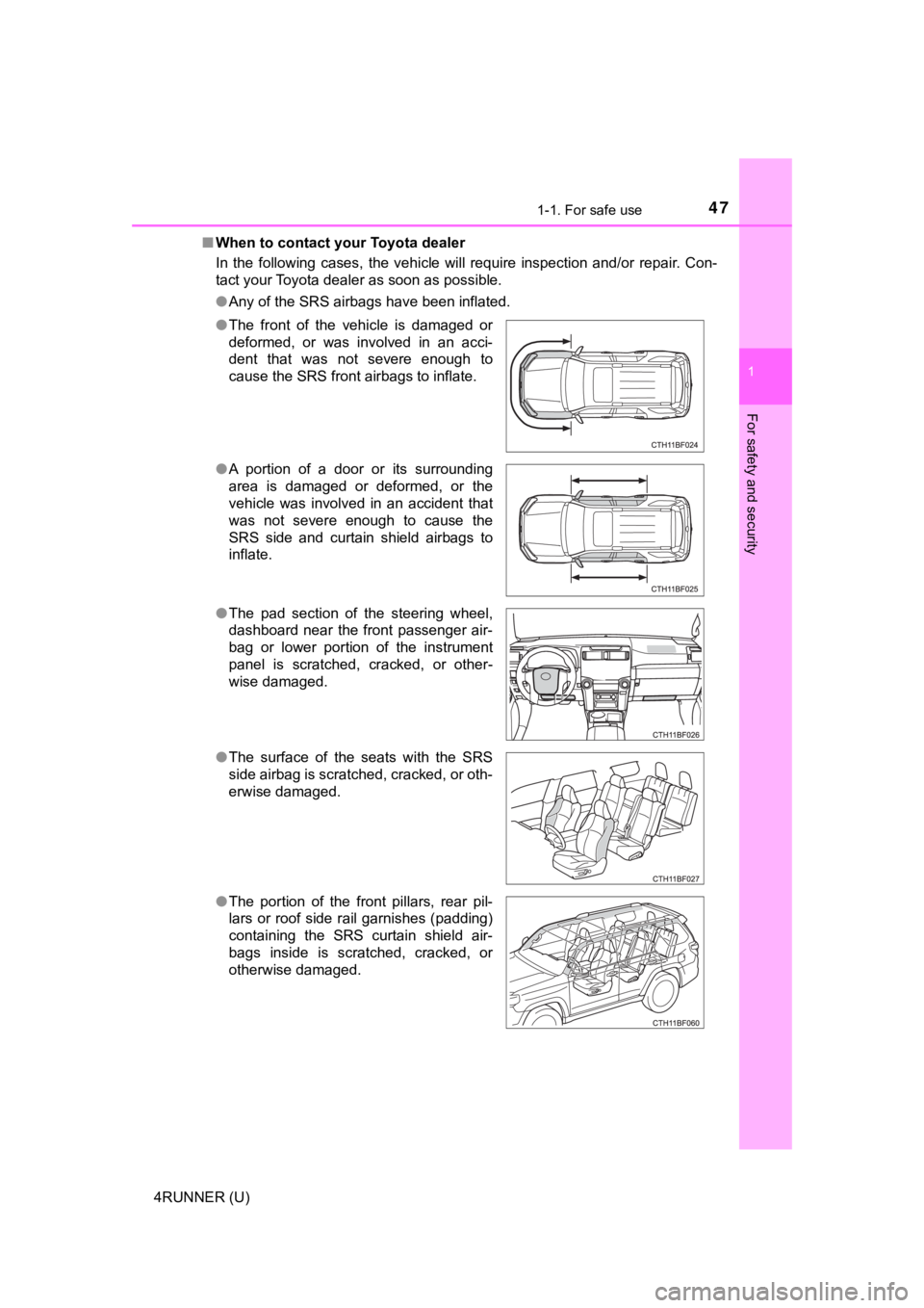 TOYOTA 4RUNNER 2022 Owners Manual 471-1. For safe use
1
For safety and security
4RUNNER (U)■
When to contact your Toyota dealer
In the following cases, the vehicle will require inspection and/or repair. Con-
tact your Toy TOYOTA 4RUNNER 2022 Owners Manual 471-1. For safe use
1
For safety and security
4RUNNER (U)■
When to contact your Toyota dealer
In the following cases, the vehicle will require inspection and/or repair. Con-
tact your Toy