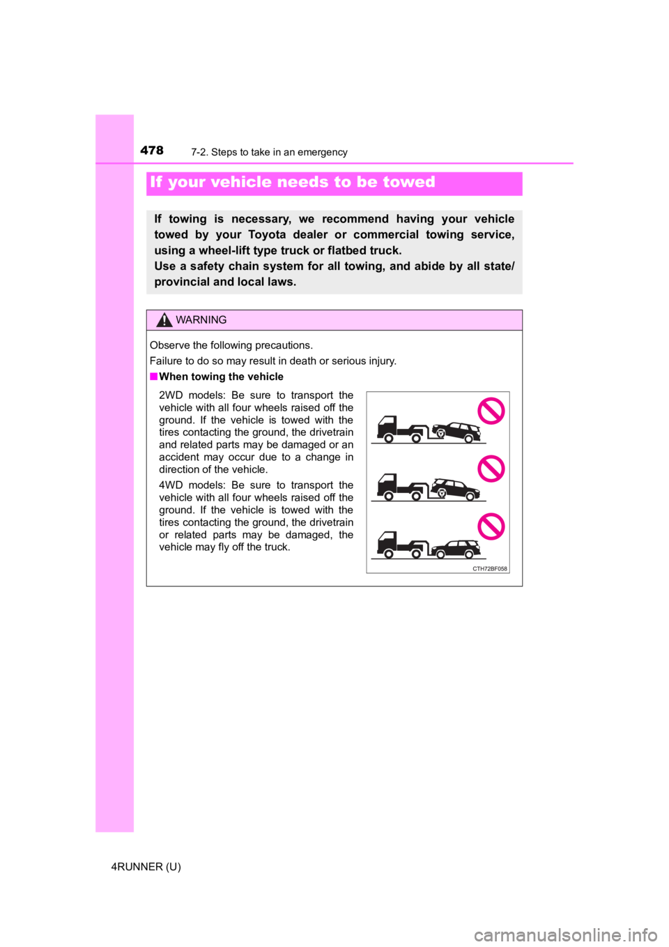 TOYOTA 4RUNNER 2022  Owners Manual 478
4RUNNER (U)
7-2. Steps to take in an emergency
If  your vehicle needs to be towed
If  towing  is  necessary,  we  recommend  having  your  vehicle
towed  by  your  Toyota  dealer  or  commercial  