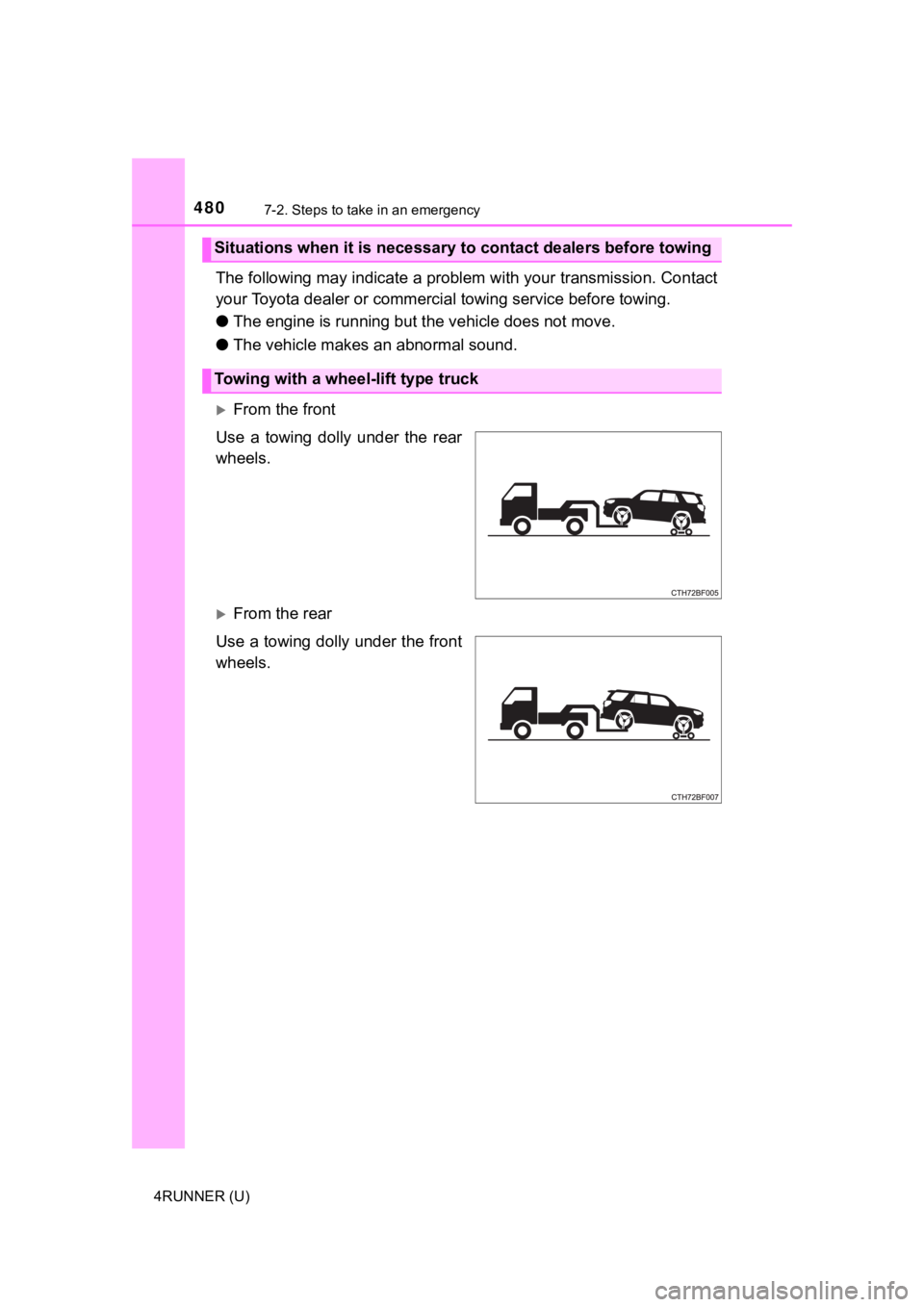 TOYOTA 4RUNNER 2022  Owners Manual 4807-2. Steps to take in an emergency
4RUNNER (U)
The following may indicate a problem with your transmission. Contact
your Toyota dealer or commercial  towing service before towing.
● The engine is