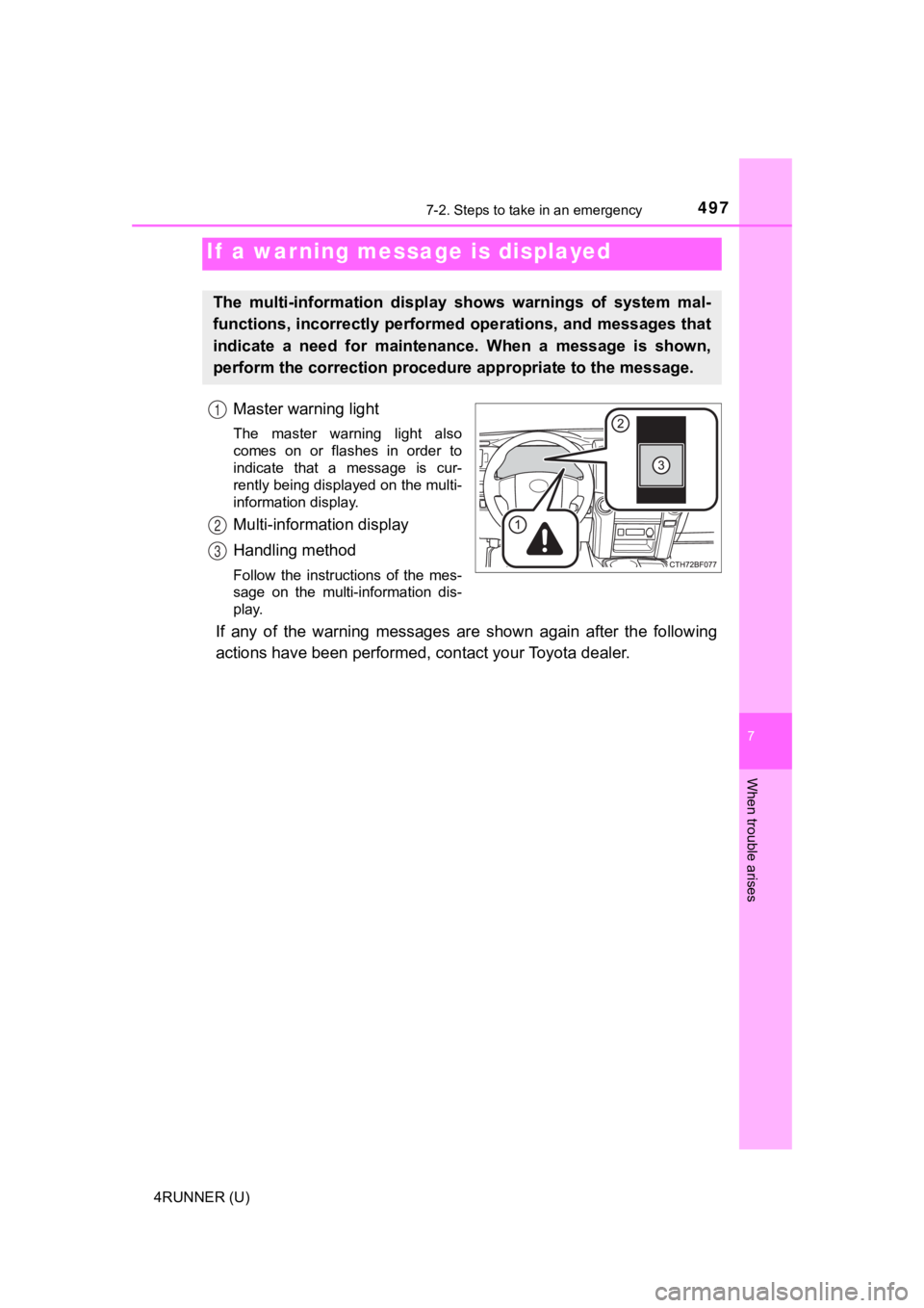 TOYOTA 4RUNNER 2022  Owners Manual 4977-2. Steps to take in an emergency
7
When trouble arises
4RUNNER (U)
Master warning light
The  master  warning  light  also
comes  on  or  flashes  in  order  to
indicate  that  a  message  is  cur