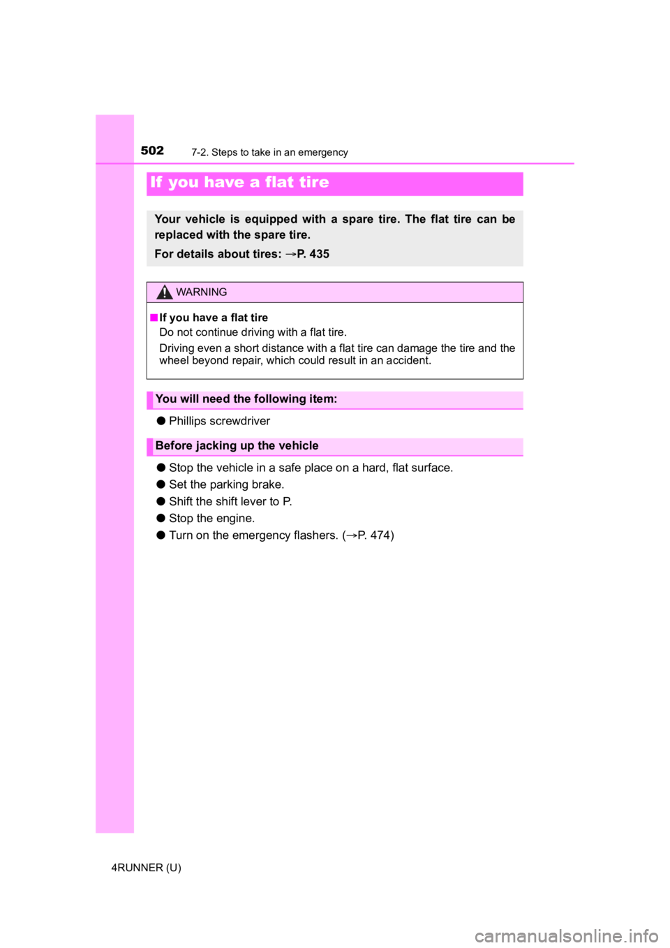 TOYOTA 4RUNNER 2022  Owners Manual 5027-2. Steps to take in an emergency
4RUNNER (U)
●Phillips screwdriver
● Stop the vehicle in  a safe place on a hard, flat surface.
● Set the parking brake.
● Shift the shift lever to P.
● 