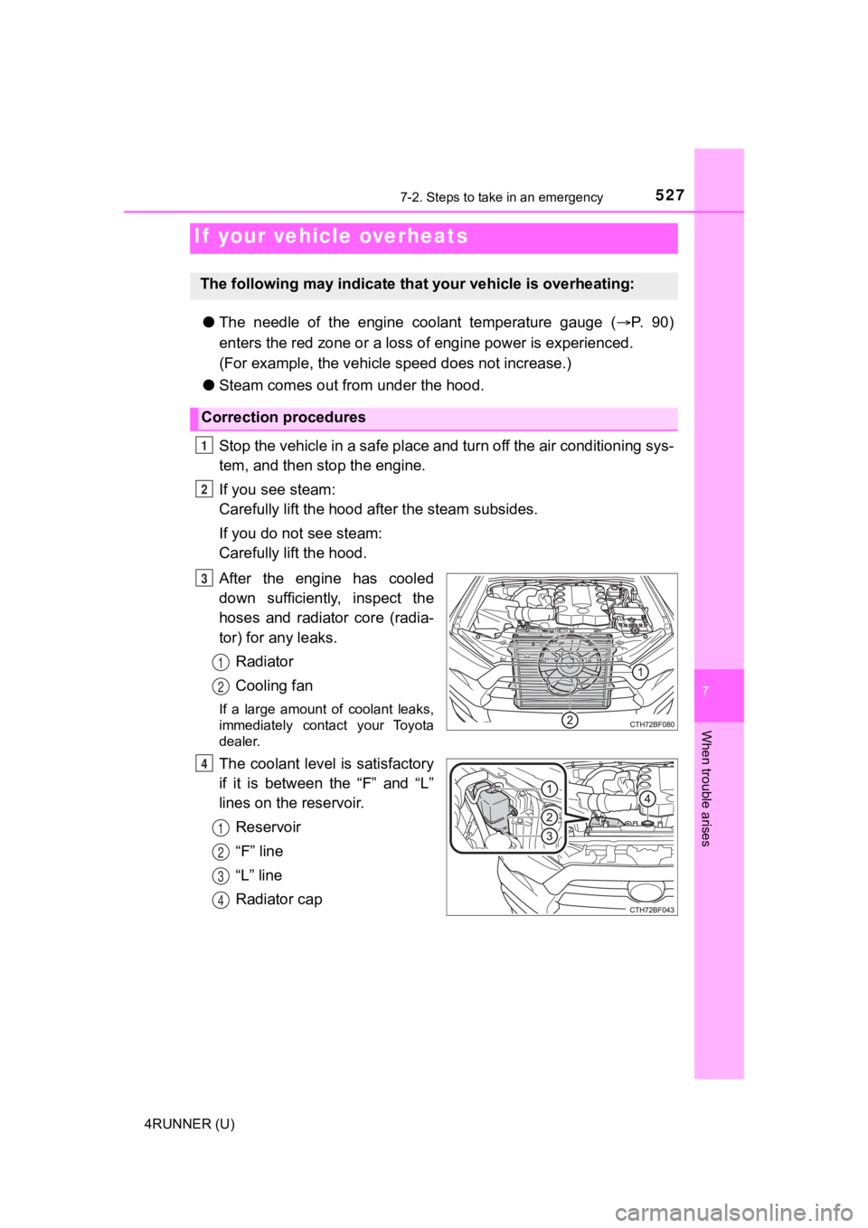TOYOTA 4RUNNER 2022  Owners Manual 5277-2. Steps to take in an emergency
7
When trouble arises
4RUNNER (U)
●The  needle  of  the  engine  coolant  temperature  gauge  ( P.   9 0 )
enters the red zone o r a loss of engine power is 