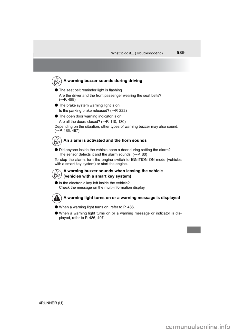 TOYOTA 4RUNNER 2022  Owners Manual 589What to do if... (Troubleshooting)
4RUNNER (U)
●The seat belt reminder light is flashing
Are the driver and the front passenger wearing the seat belts? 
(P. 489)
●The brake system warning li