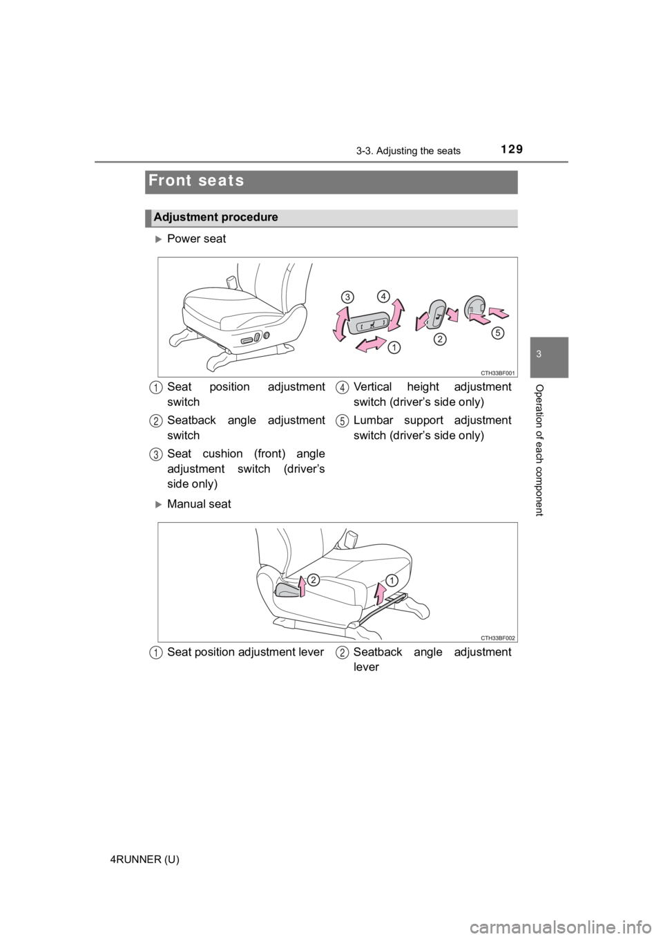 TOYOTA 4RUNNER 2023  Owners Manual 129
3
Operation of each component
4RUNNER (U)
3-3. Adjusting the seats
Power seat
Manual seat
Front seats
Adjustment procedure
Seat  position  adjustment
switch
Seatback  angle  adjustment
switc