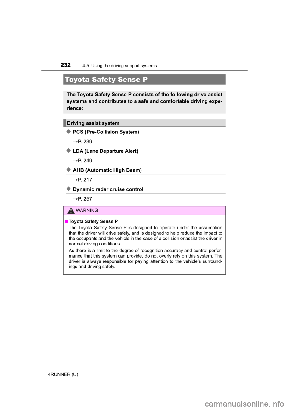 TOYOTA 4RUNNER 2023  Owners Manual 232
4RUNNER (U)
4-5. Using the driving support systems
◆PCS (Pre-Collision System)
P.   2 3 9
◆LDA (Lane Departure Alert)
P.   2 4 9
◆AHB (Automatic High Beam)
P.   2 1 7
◆Dynamic rad