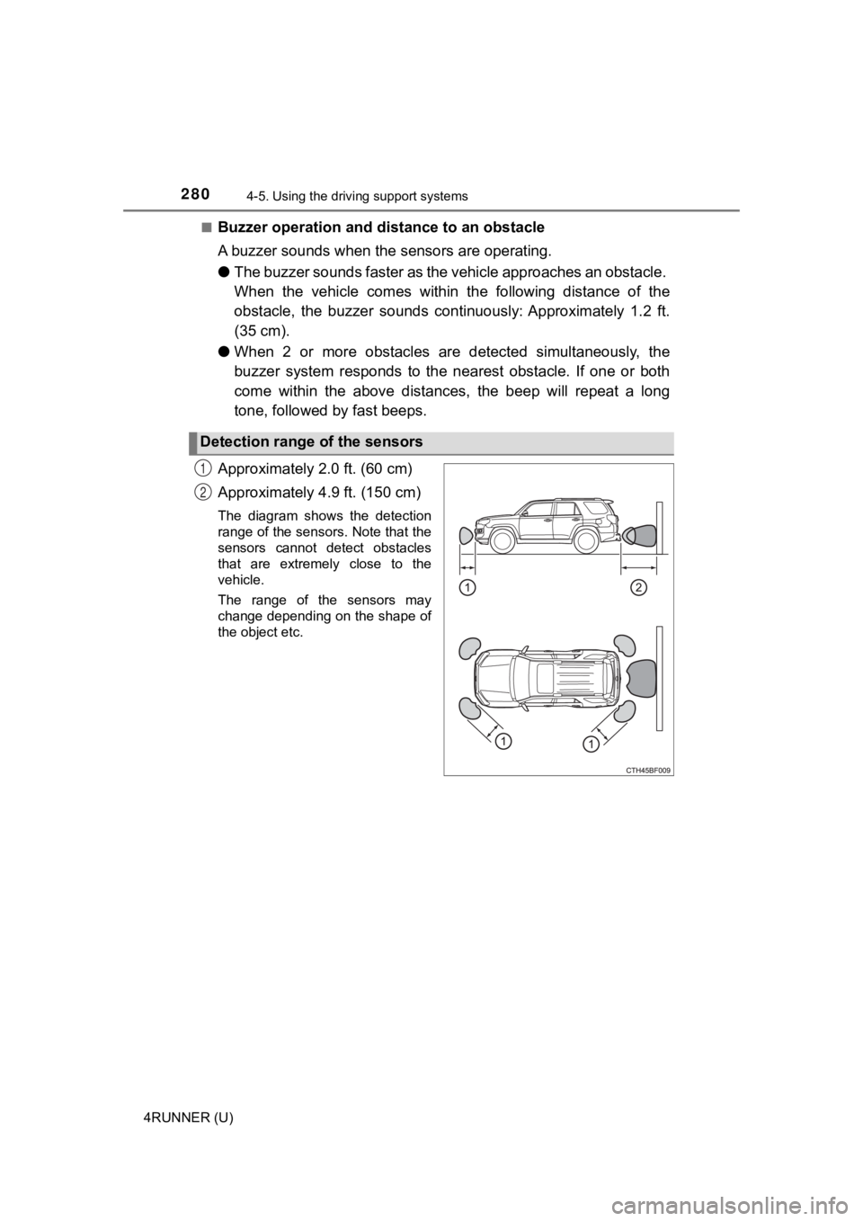 TOYOTA 4RUNNER 2023  Owners Manual 2804-5. Using the driving support systems
4RUNNER (U)■
Buzzer operation and di
stance to an obstacle
A buzzer sounds when the  sensors are operating.
● The buzzer sounds faster as the  vehicle app