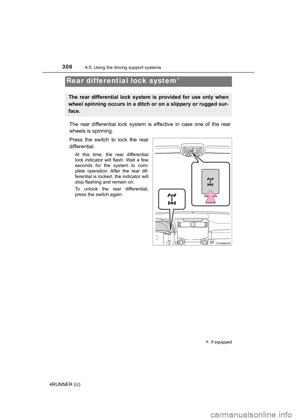 TOYOTA 4RUNNER 2023  Owners Manual 3064-5. Using the driving support systems
4RUNNER (U)
The rear differential lock system is effective in case one of t he  rear
wheels is spinning.
Press  the  switch  to  lock  the  rear
differential.