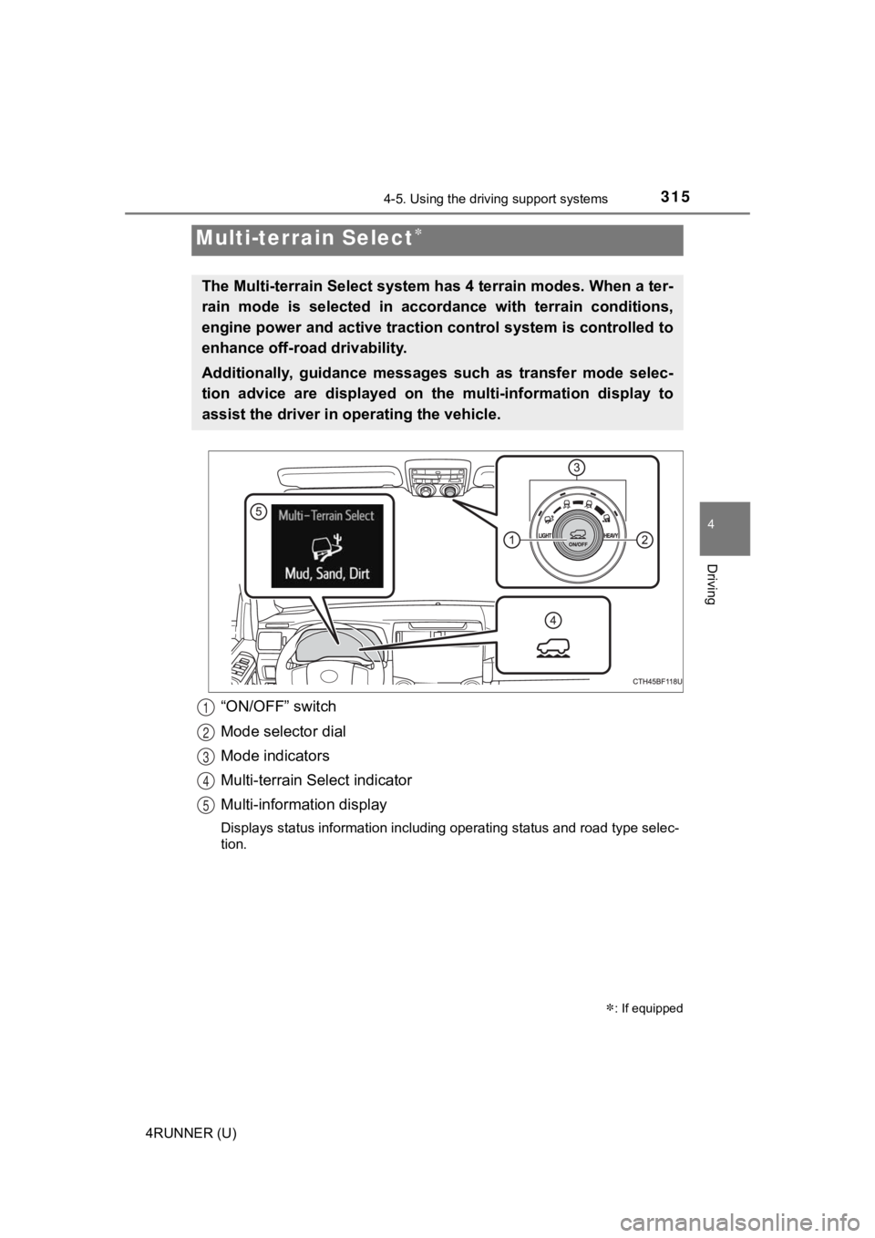 TOYOTA 4RUNNER 2023  Owners Manual 3154-5. Using the driving support systems
4
Driving
4RUNNER (U)
“ON/OFF” switch
Mode selector dial
Mode indicators
Multi-terrain Select indicator
Multi-information display
Displays status informat