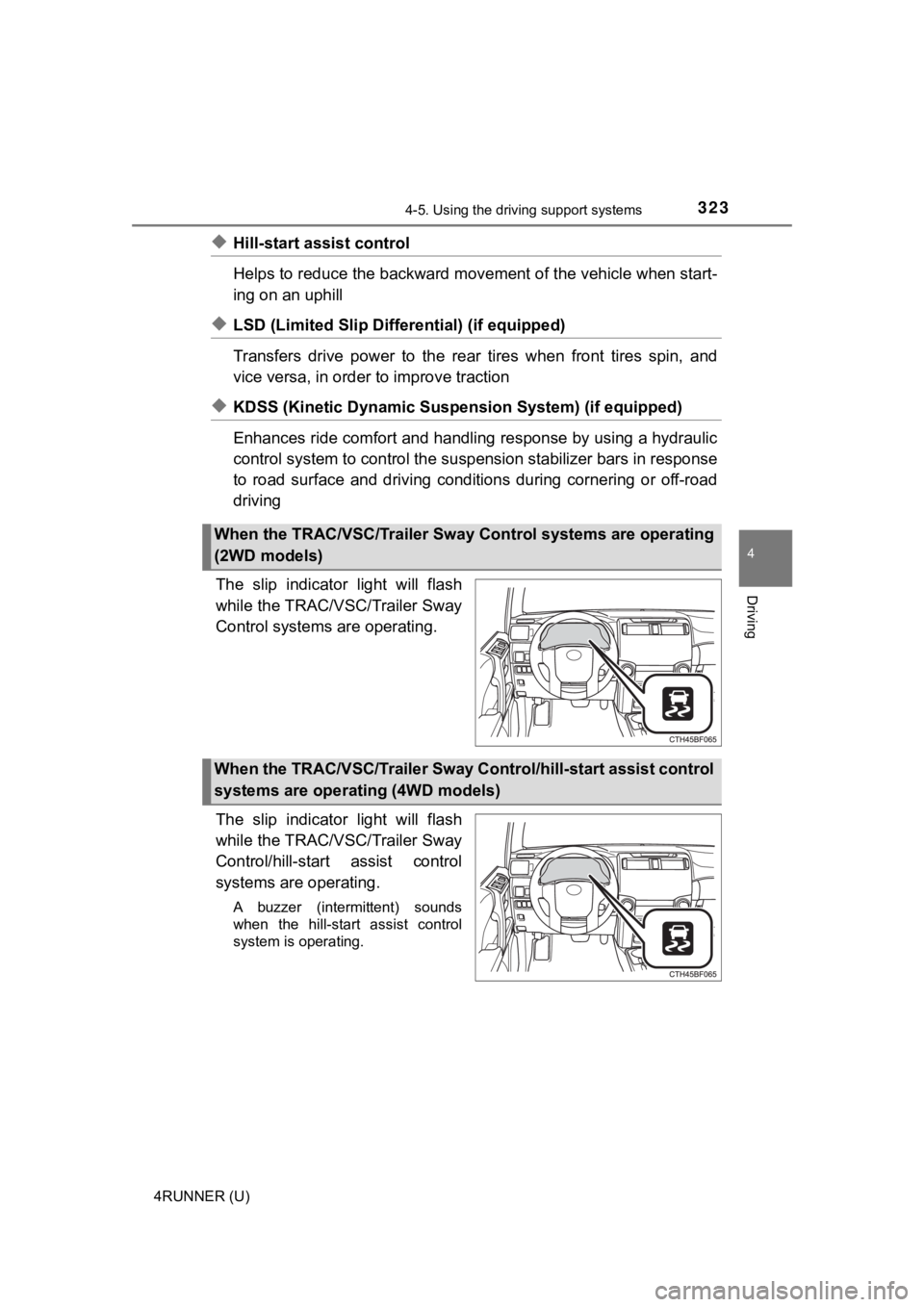 TOYOTA 4RUNNER 2023 Owners Manual 3234-5. Using the driving support systems
4
Driving
4RUNNER (U)
◆Hill-start assist control
Helps to reduce the backward movement of the vehicle when start-
ing on an uphill
◆LSD (Limited Slip Diff TOYOTA 4RUNNER 2023 Owners Manual 3234-5. Using the driving support systems
4
Driving
4RUNNER (U)
◆Hill-start assist control
Helps to reduce the backward movement of the vehicle when start-
ing on an uphill
◆LSD (Limited Slip Diff