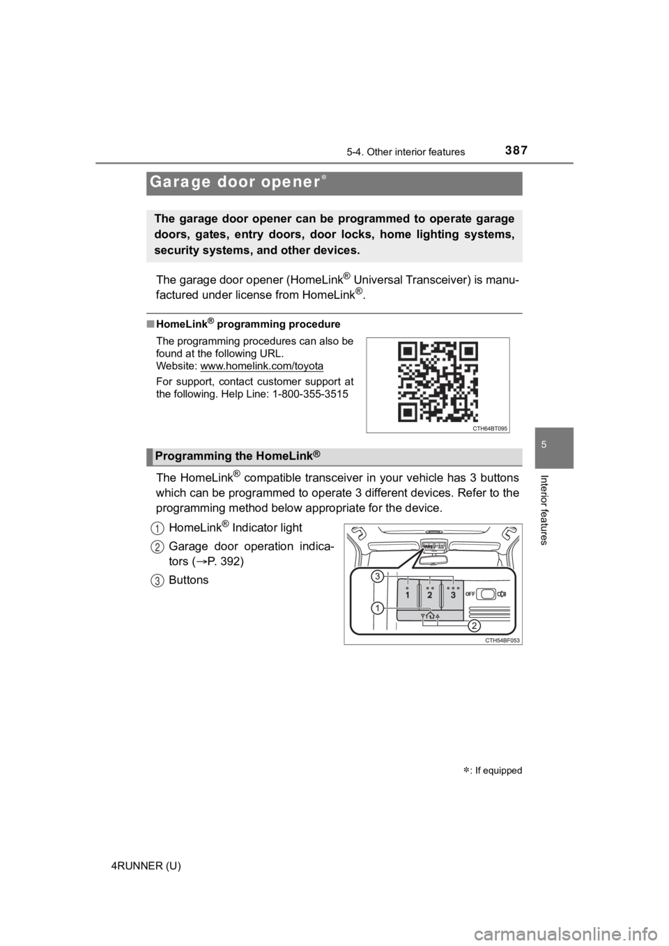 TOYOTA 4RUNNER 2023  Owners Manual 3875-4. Other interior features
5
Interior features
4RUNNER (U)
The garage door opener (HomeLink® Universal Transceiver) is manu-
factured under license from HomeLink®.
■ HomeLink® programming pr